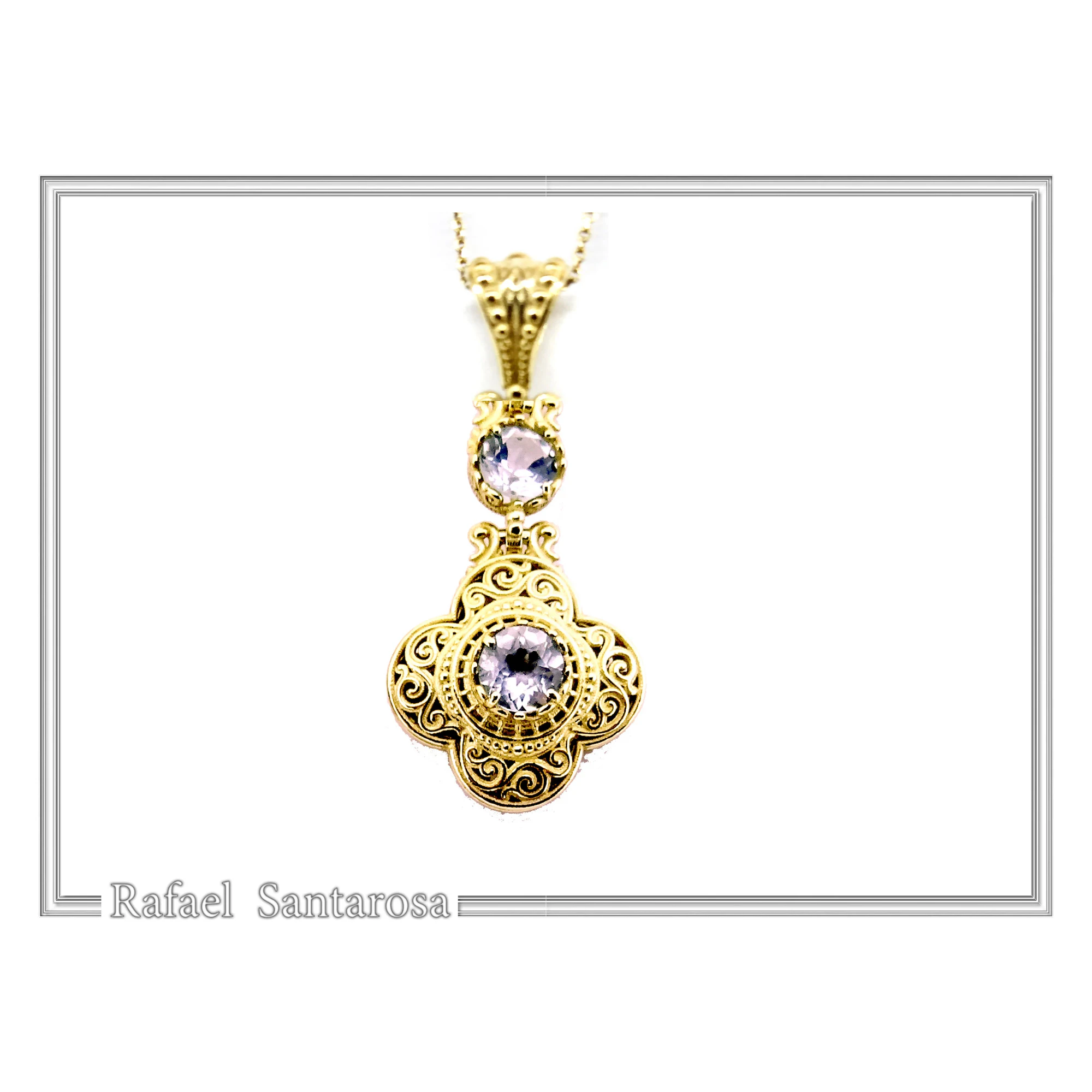 18K Solid Yellow Gold Byzantine Cross Filigree Pendant: Natural Sky-Blue Topaz Handmade Necklace — additional product image 5 from Rafael Santarosa Fine Jewelry