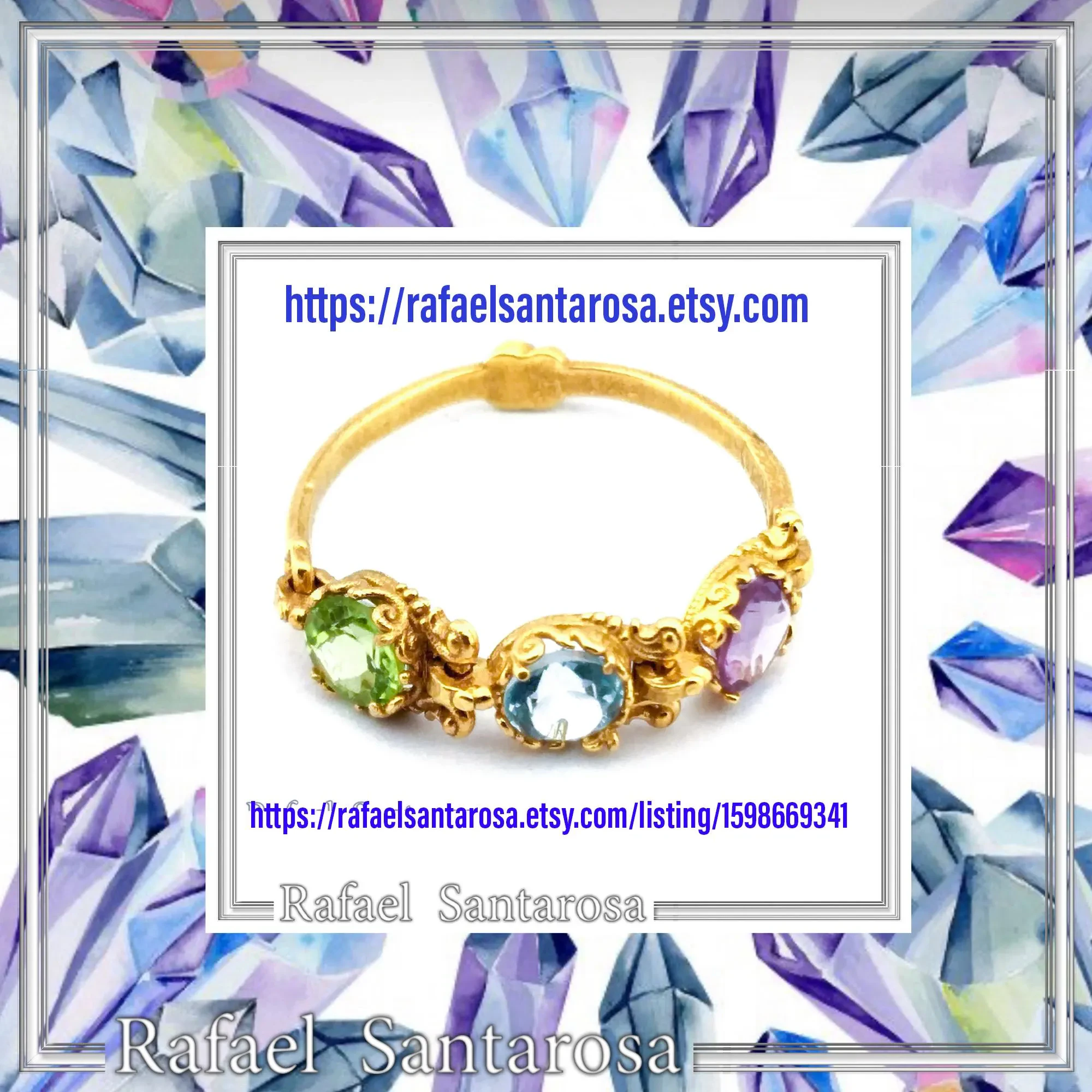 Byzantine Filigree Handmade Beaded Gemstones Ring 18K Gold: Genuine Amethyst, Topaz, Peridot, Garnet — additional product image 10 from Rafael Santarosa Fine Jewelry