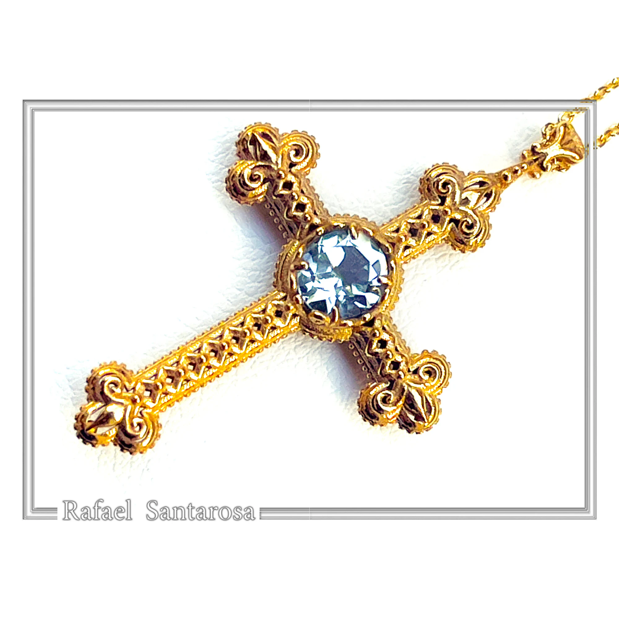 Natural Brilliant Cut Sky Blue Topaz Byzantine Filigree Cross Pendant 18K Gold Filled Silver — additional product image 7 from Rafael Santarosa Fine Jewelry