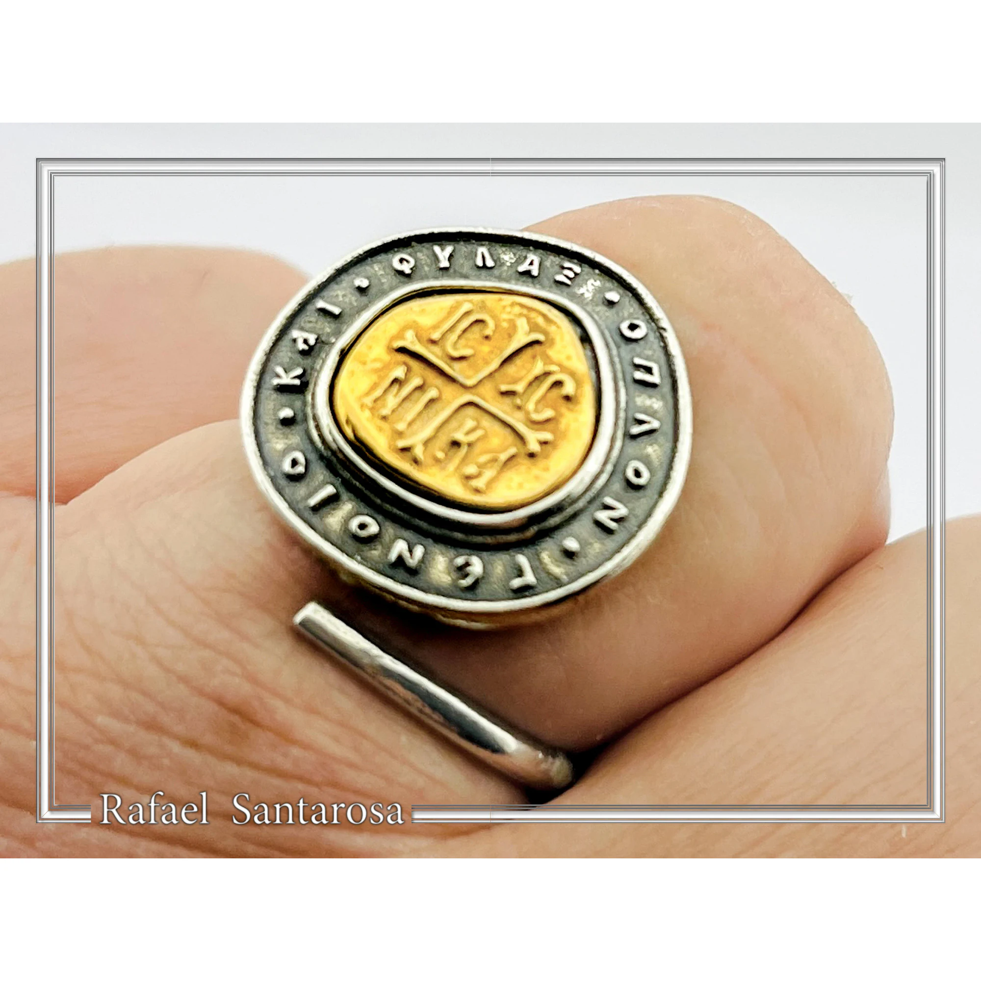 Jesus Christ Victorious ICXC NIKA Byzantine Talisman Adjustable Ring: 18K Gold & Oxidized Sterling Silver — additional product image 6 from Rafael Santarosa Fine Jewelry