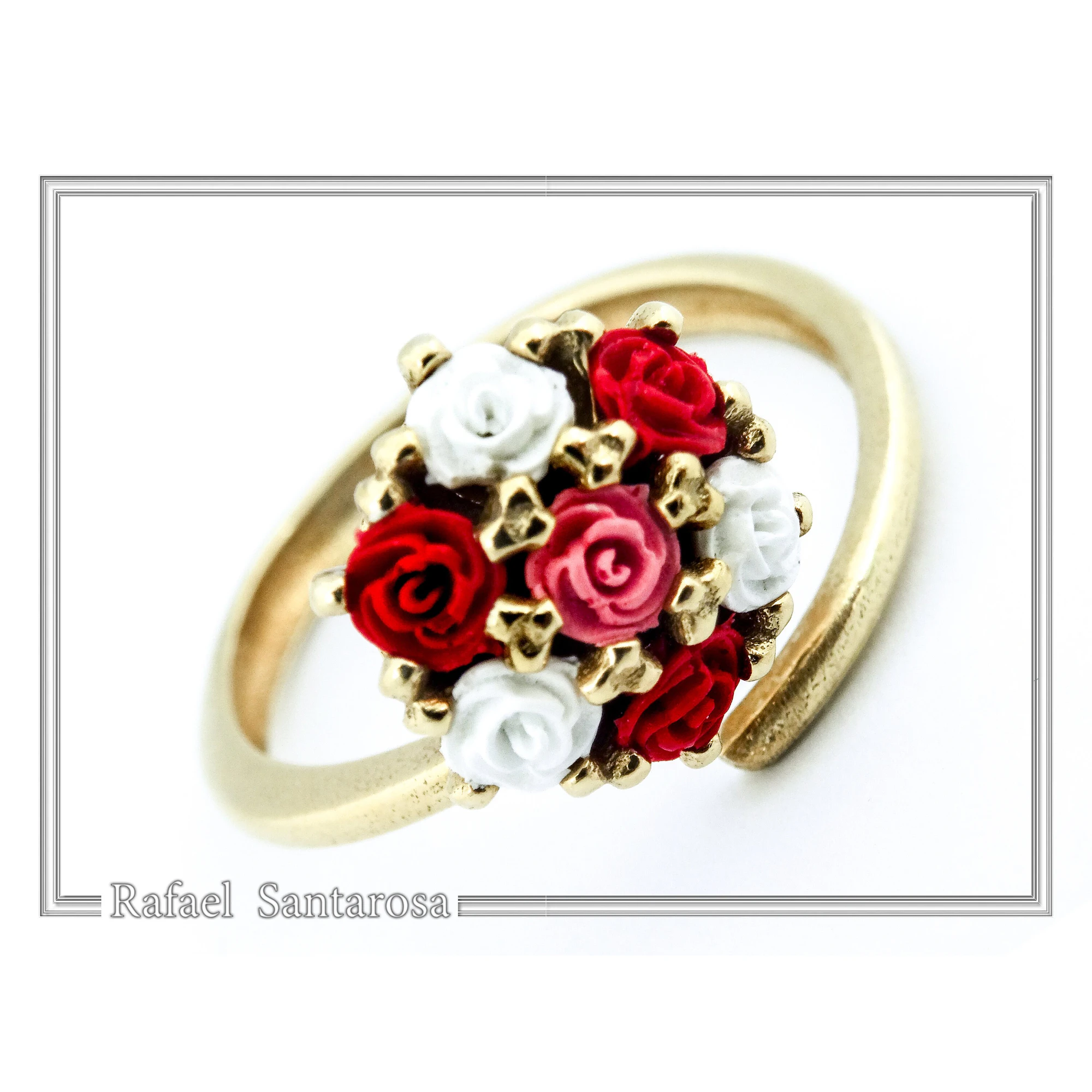 Red & White Roses Alabaster Gems Bouquet Adjustable Floral Statement Ring: 18k Gold Filled Silver — additional product image 5 from Rafael Santarosa Fine Jewelry