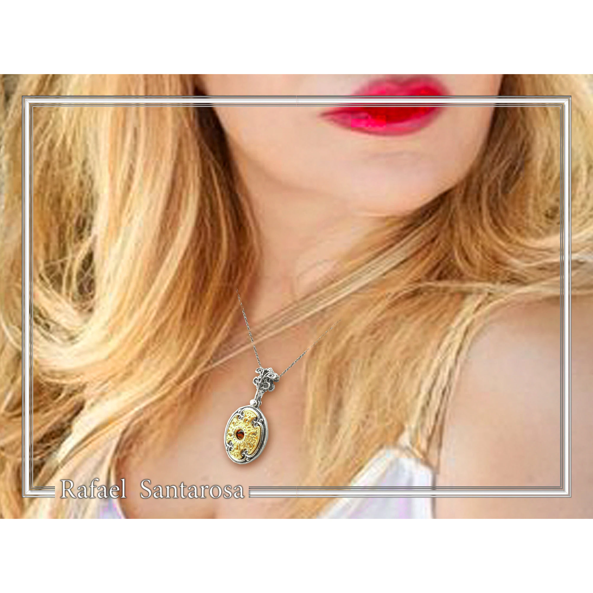 Byzantine Cross Shaped Natural Red Garnet Filigree Necklace: 18K Gold filled and oxidised Silver — additional product image 6 from Rafael Santarosa Fine Jewelry