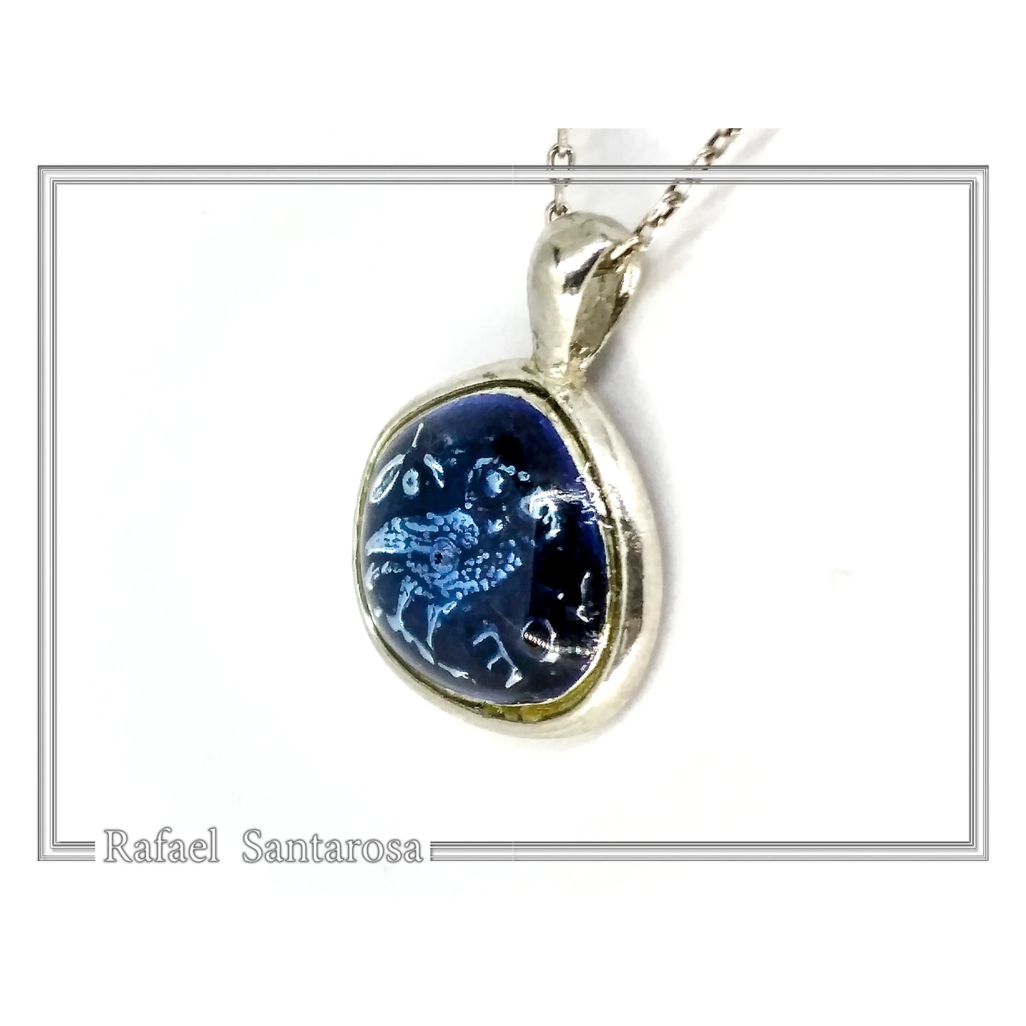 Athena's Owl Symbol of Wisdom Coin Pendant: Blue Enamel, Oxidized Sterling Silver — additional product image 3 from Rafael Santarosa Fine Jewelry
