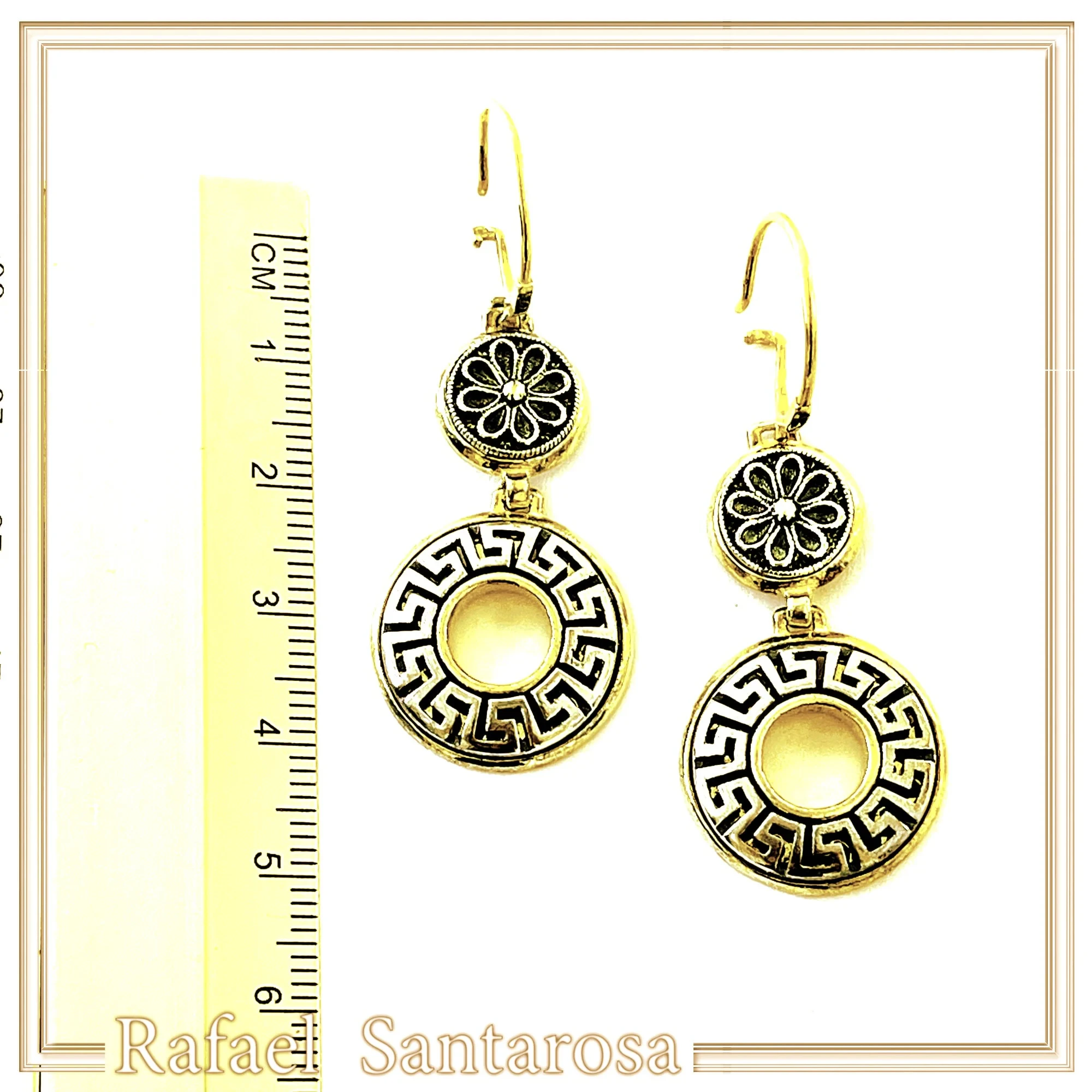 Greek Key and Greek flower Museum Earrings: 18K Gold Filled & Oxidized Sterling Silver — additional product image 7 from Rafael Santarosa Fine Jewelry