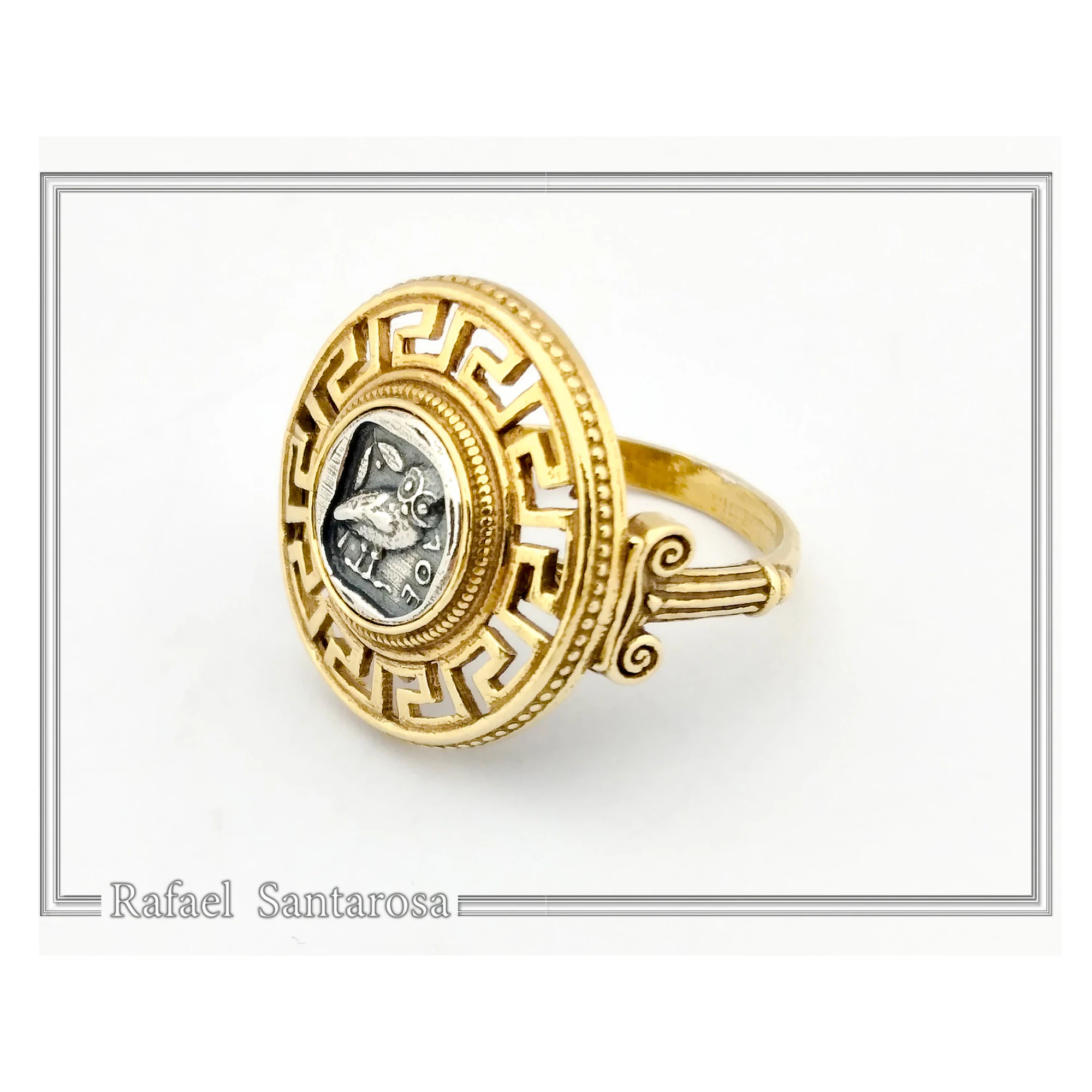 Athena Owl Coin Greek Key Ring with Greek Columns: Oxidized & Gold Filled Sterling Silver — additional product image 7 from Rafael Santarosa Fine Jewelry