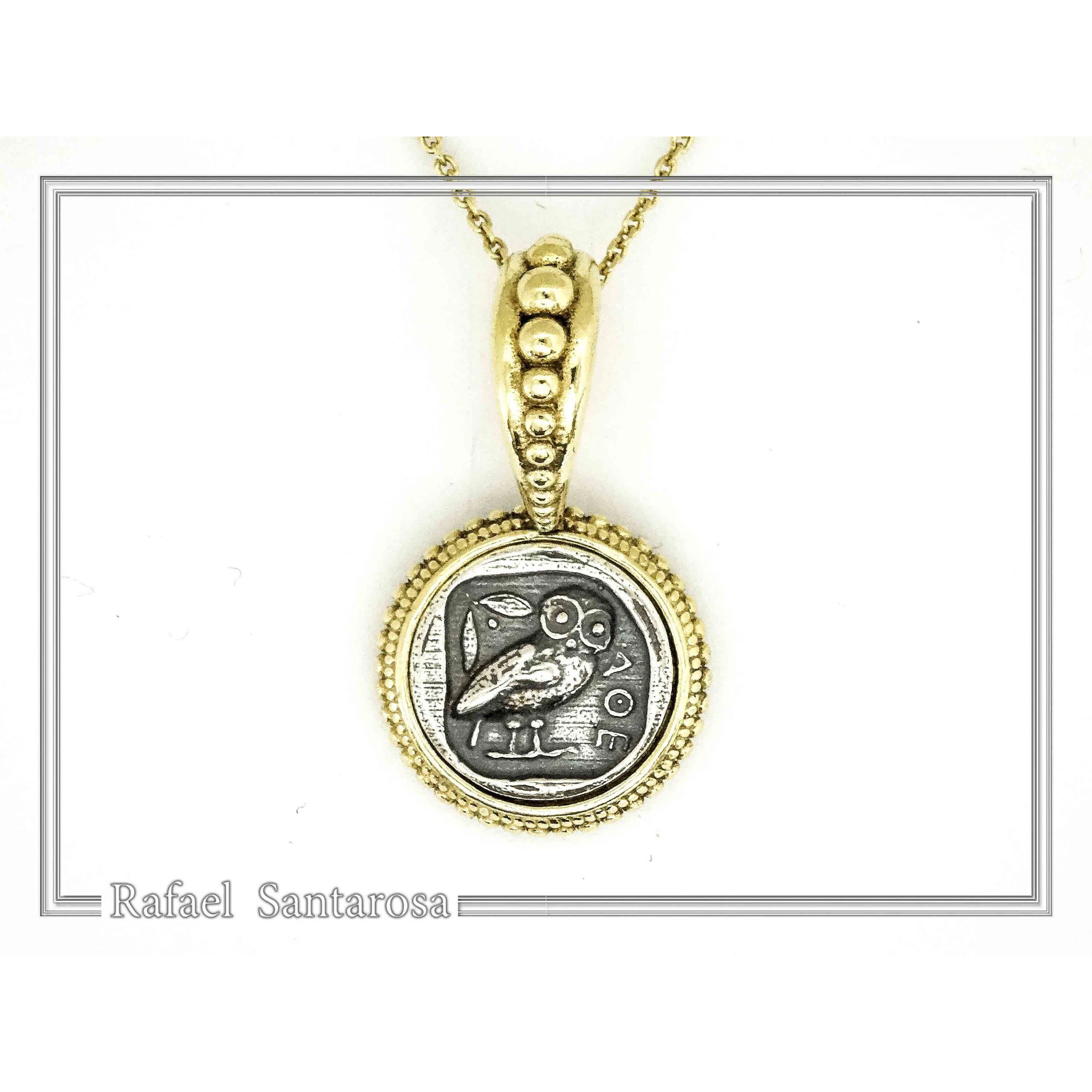 Ancient Greek Athena Owl Tetradrachm Coin Pendant: Sterling Silver, 18K Gold Filled, Museum Jewelry — additional product image 4 from Rafael Santarosa Fine Jewelry