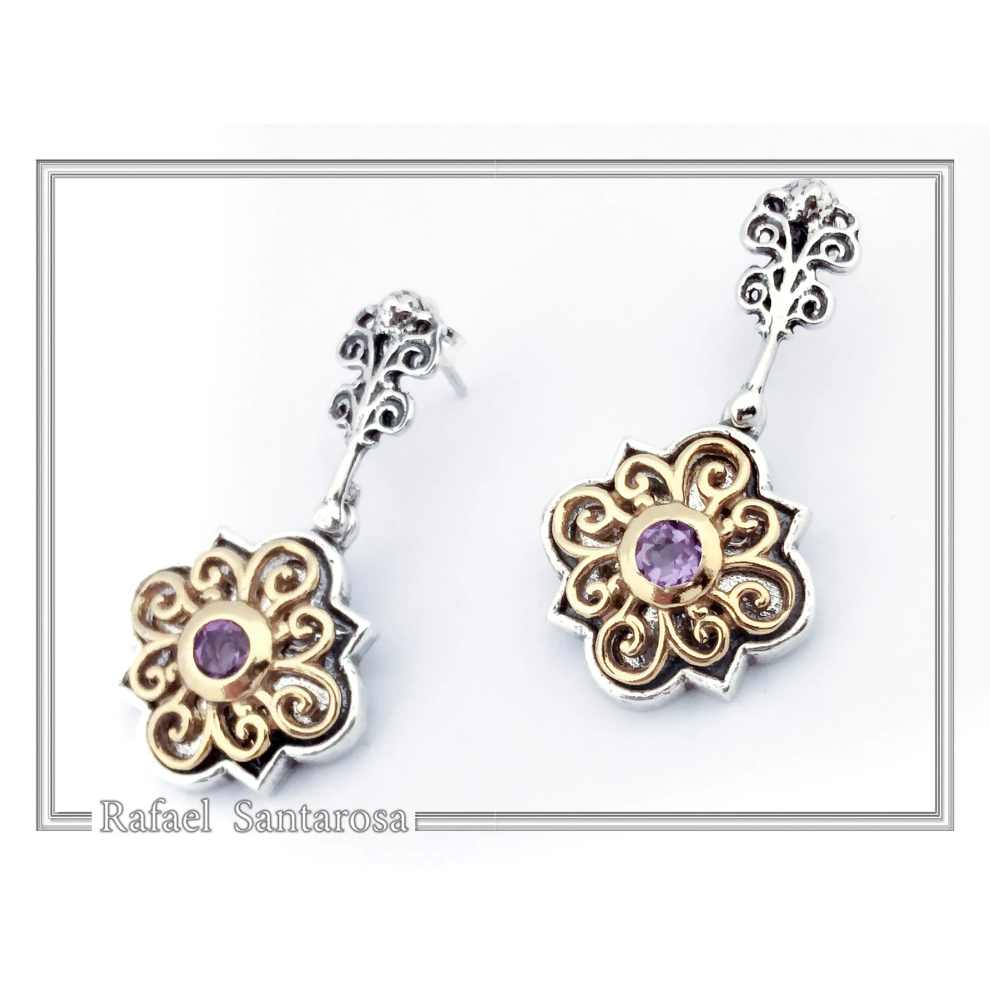 Byzantine Genuine Gemstones Silver Earrings: 18K Gold Filled Filigree on oxidised silver base — additional product image 5 from Rafael Santarosa Fine Jewelry