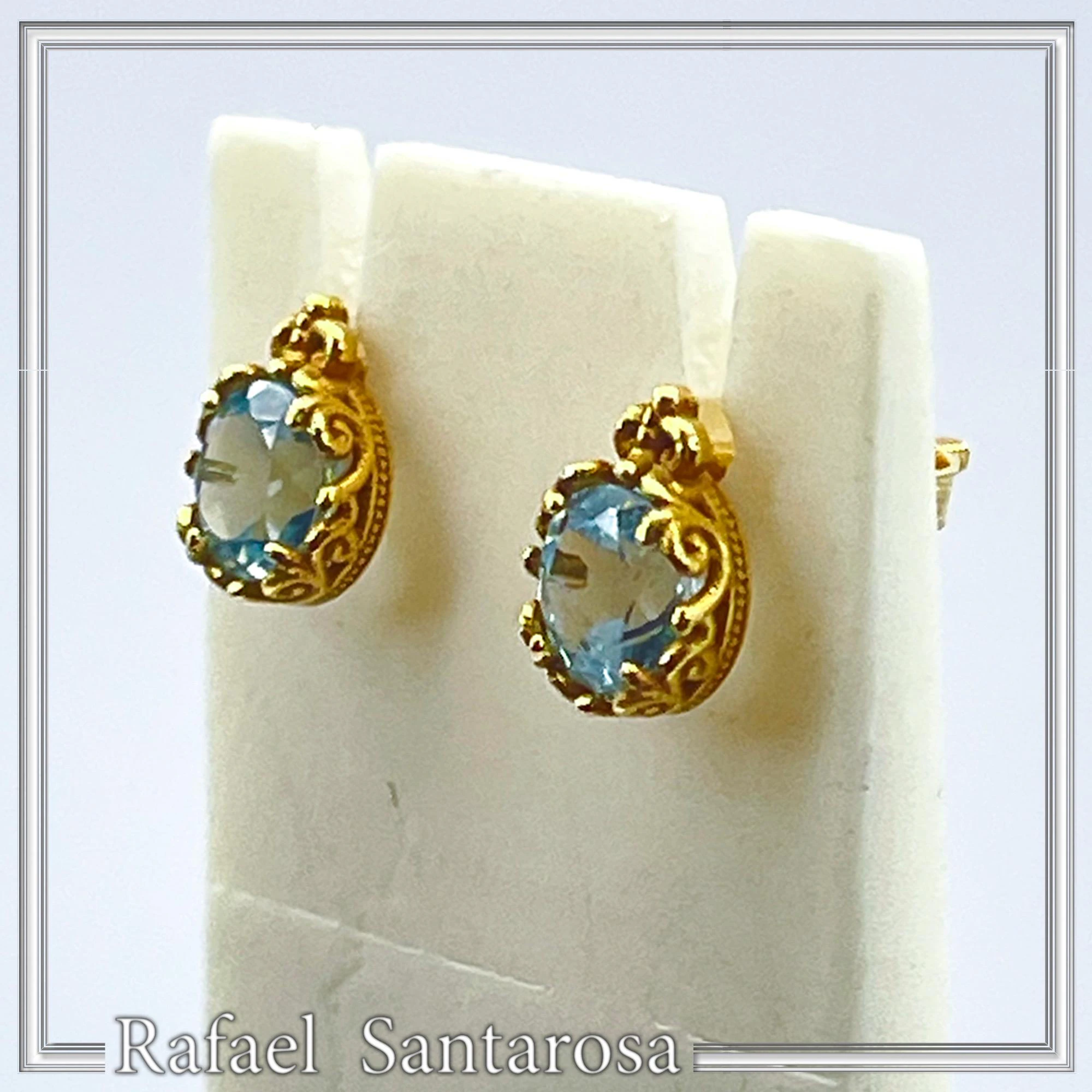 18K Solid Gold Filigree Earrings with Natural Sky-Blue Topaz Brilliant Cut and Byzantine Decoration — additional product image 10 from Rafael Santarosa Fine Jewelry