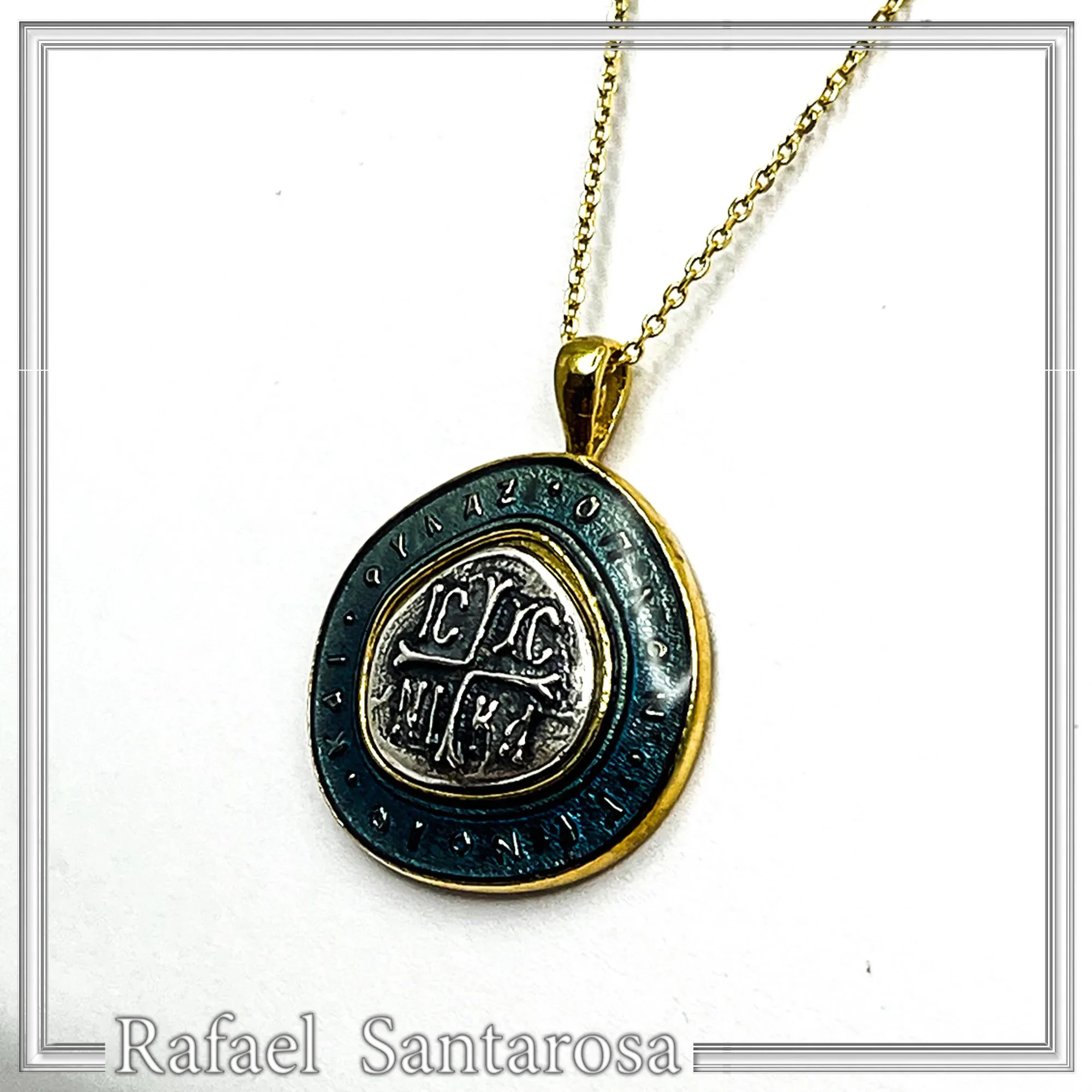 Byzantine Christian Prayer Talisman Necklace: Oxidized Sterling Silver, 18K Gold-Filled, Transparent Blue Enamel — additional product image 2 from Rafael Santarosa Fine Jewelry