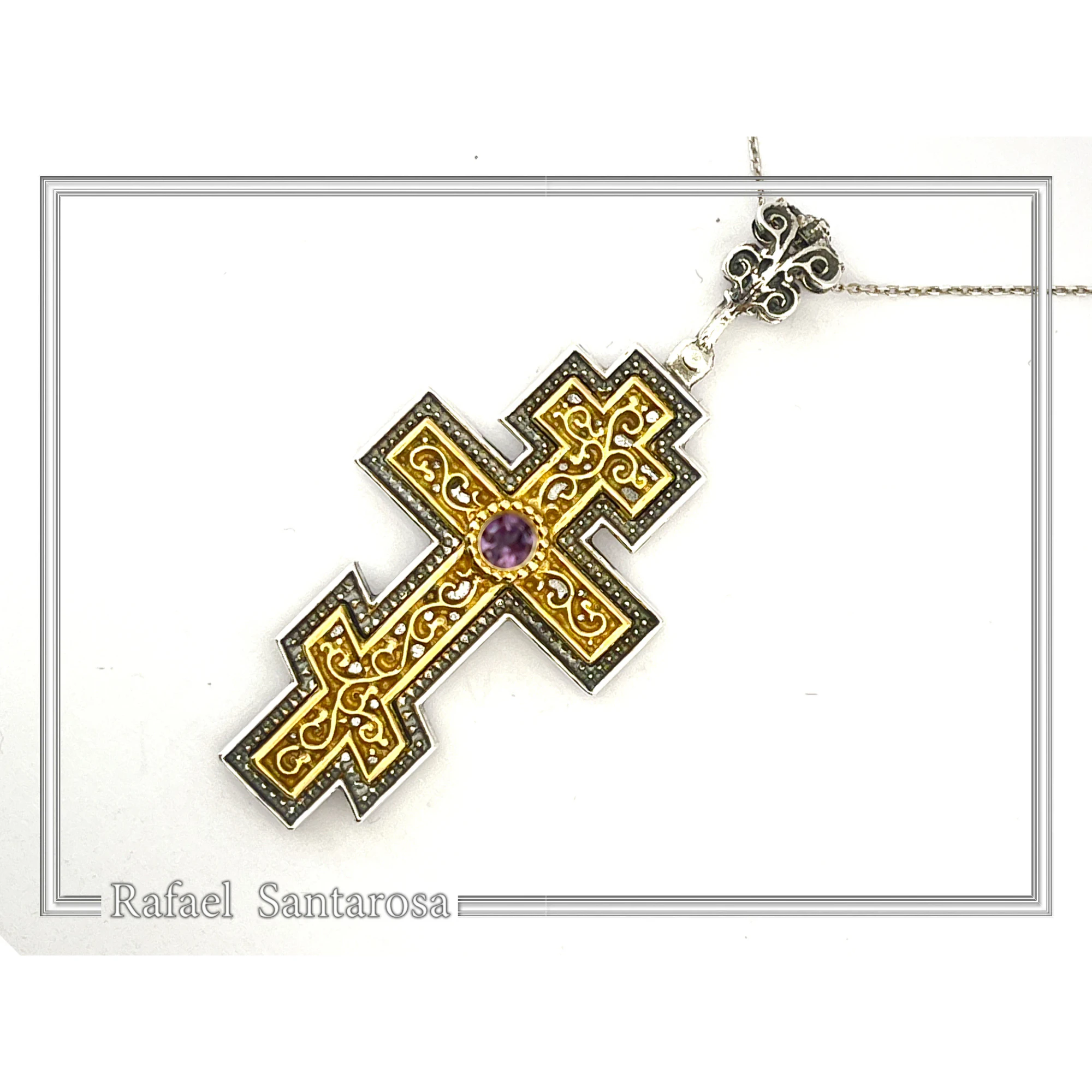 Russian type Orthodox Cross: Sky Blue Topaz, Oxidized & 18K Gold Filled Silver Byzantine Filigree — additional product image 3 from Rafael Santarosa Fine Jewelry