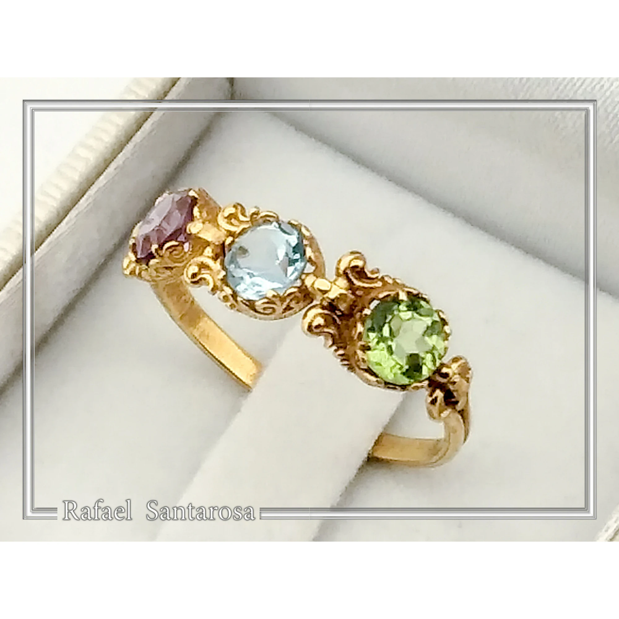 Byzantine Filigree Handmade Beaded Gemstones Ring 18K Gold: Genuine Amethyst, Topaz, Peridot, Garnet — additional product image 8 from Rafael Santarosa Fine Jewelry
