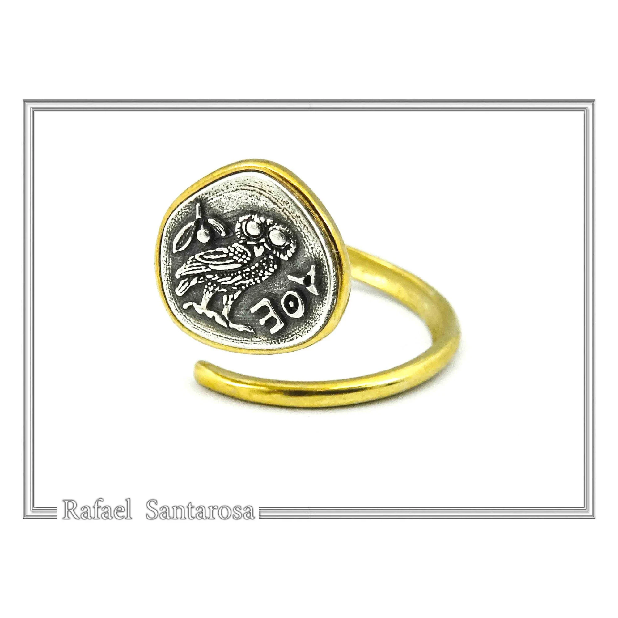 Goddess Athena Owl Wisdom symbol Greek Coin Ring: Oxidized Sterling Silver, 18k Gold-Filled — additional product image 4 from Rafael Santarosa Fine Jewelry