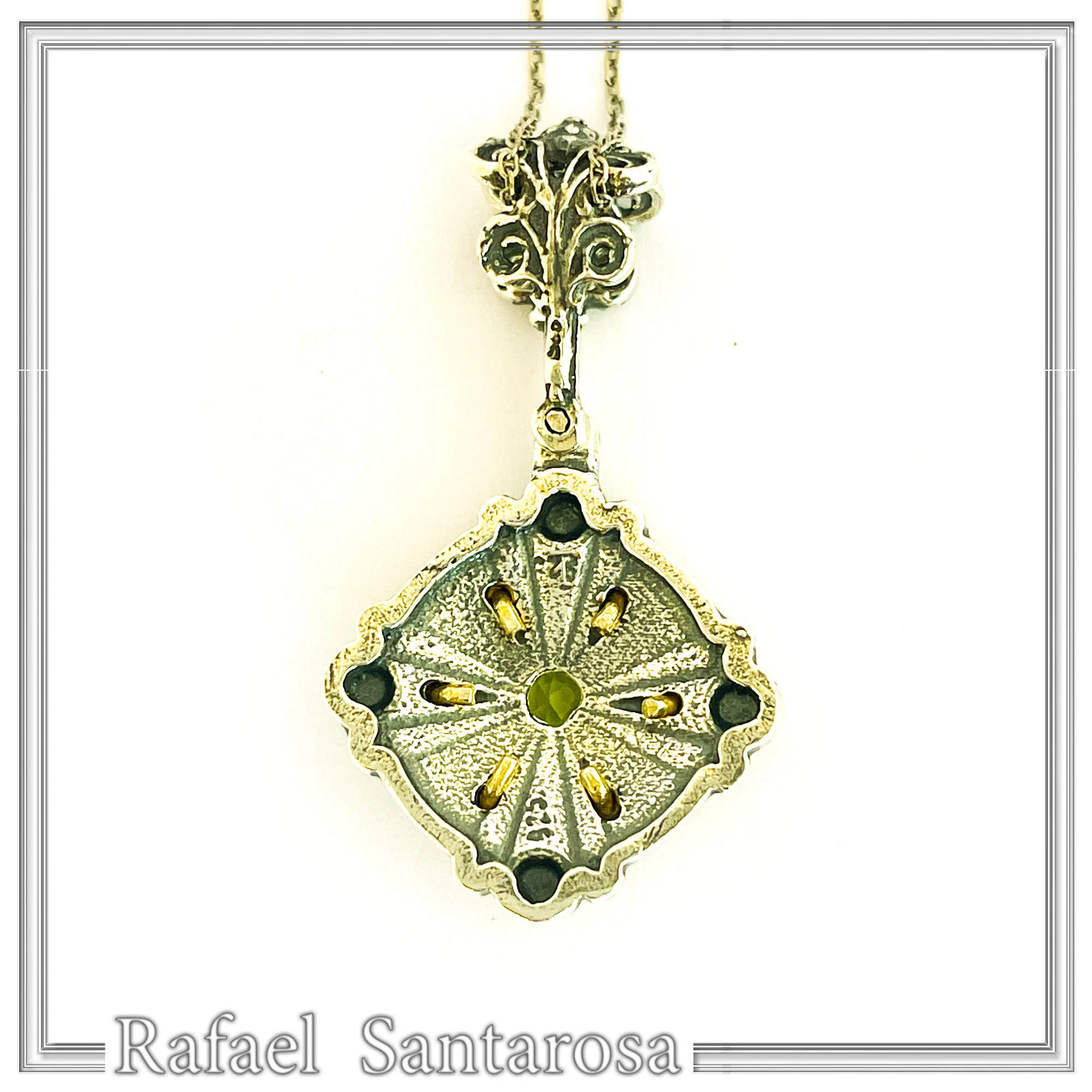 Genuine Peridot Gemstone Filigree Necklace: Sterling Silver Oxidised & Gold Filled Byzantine Pendant — additional product image 9 from Rafael Santarosa Fine Jewelry