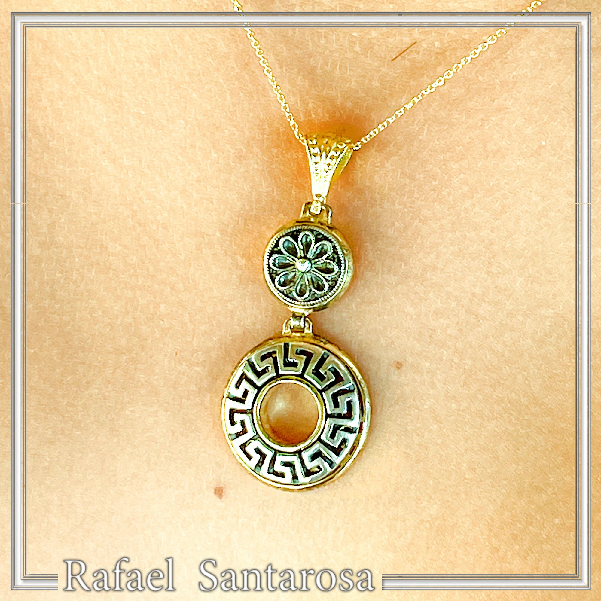 Greek Key & Greek Flower Dangle Necklace: Oxidized Sterling Silver Meander in 18K Gold-Filled Base — additional product image 3 from Rafael Santarosa Fine Jewelry