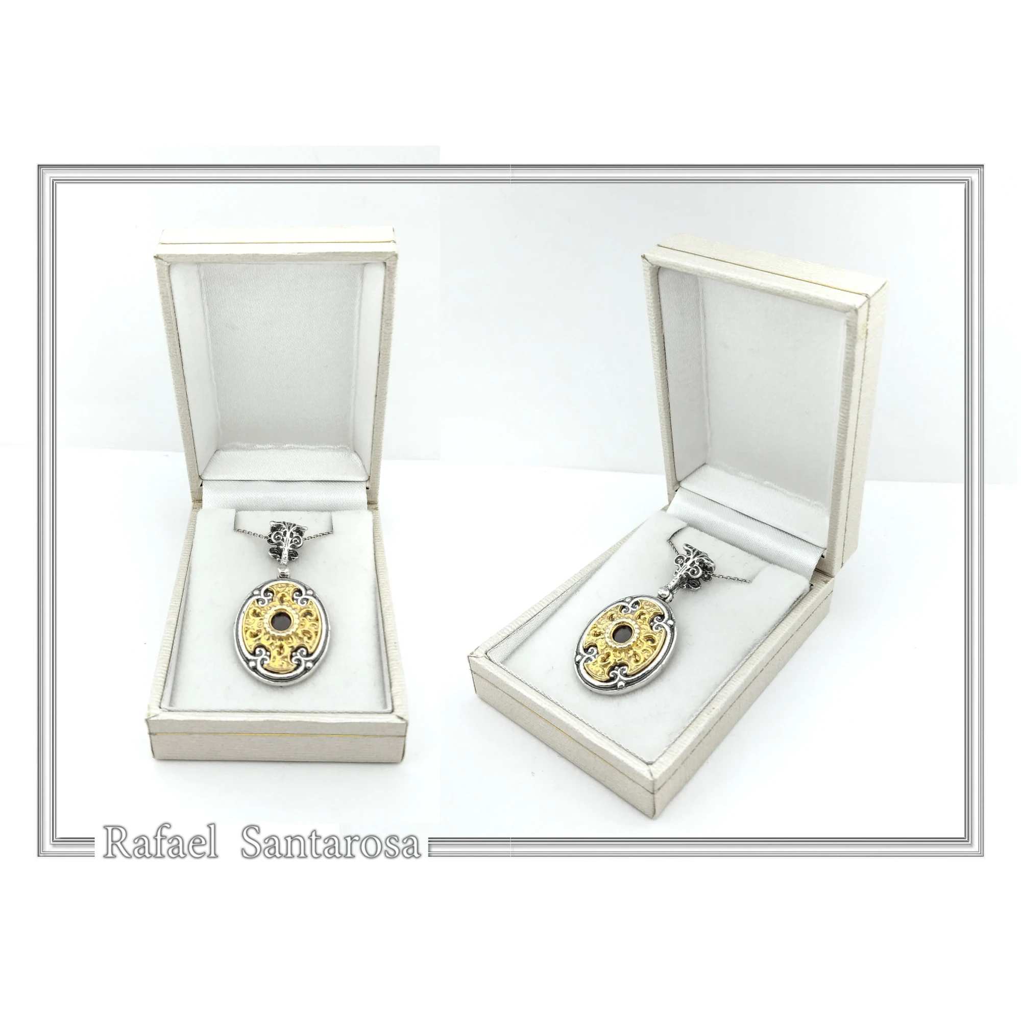 Byzantine Cross Shaped Natural Red Garnet Filigree Necklace: 18K Gold filled and oxidised Silver — additional product image 9 from Rafael Santarosa Fine Jewelry