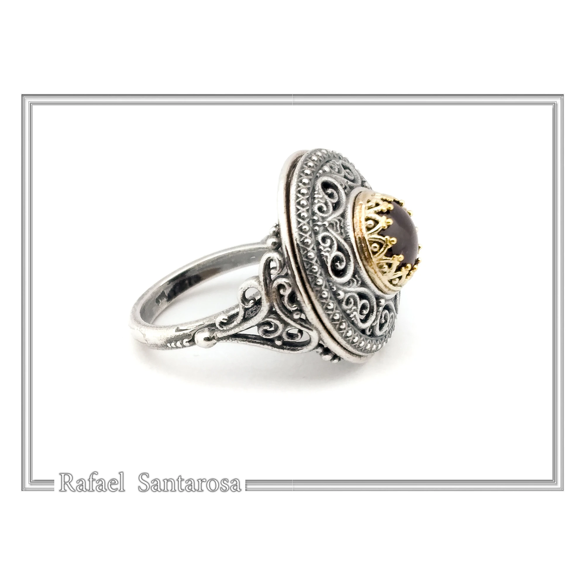 Genuine Red Garnet Byzantine Hand Sculptured Ring: Sterling Silver Oxidized and 18K Gold Filled — additional product image 5 from Rafael Santarosa Fine Jewelry