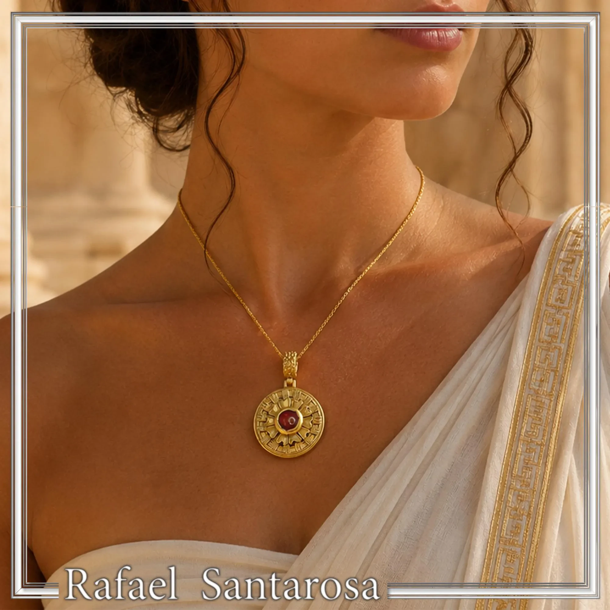 Ancient Greek Flower Museum Replica Pendant, Sterling Silver 18K Gold Filled Natural Garnet Necklace — additional product image 2 from Rafael Santarosa Fine Jewelry