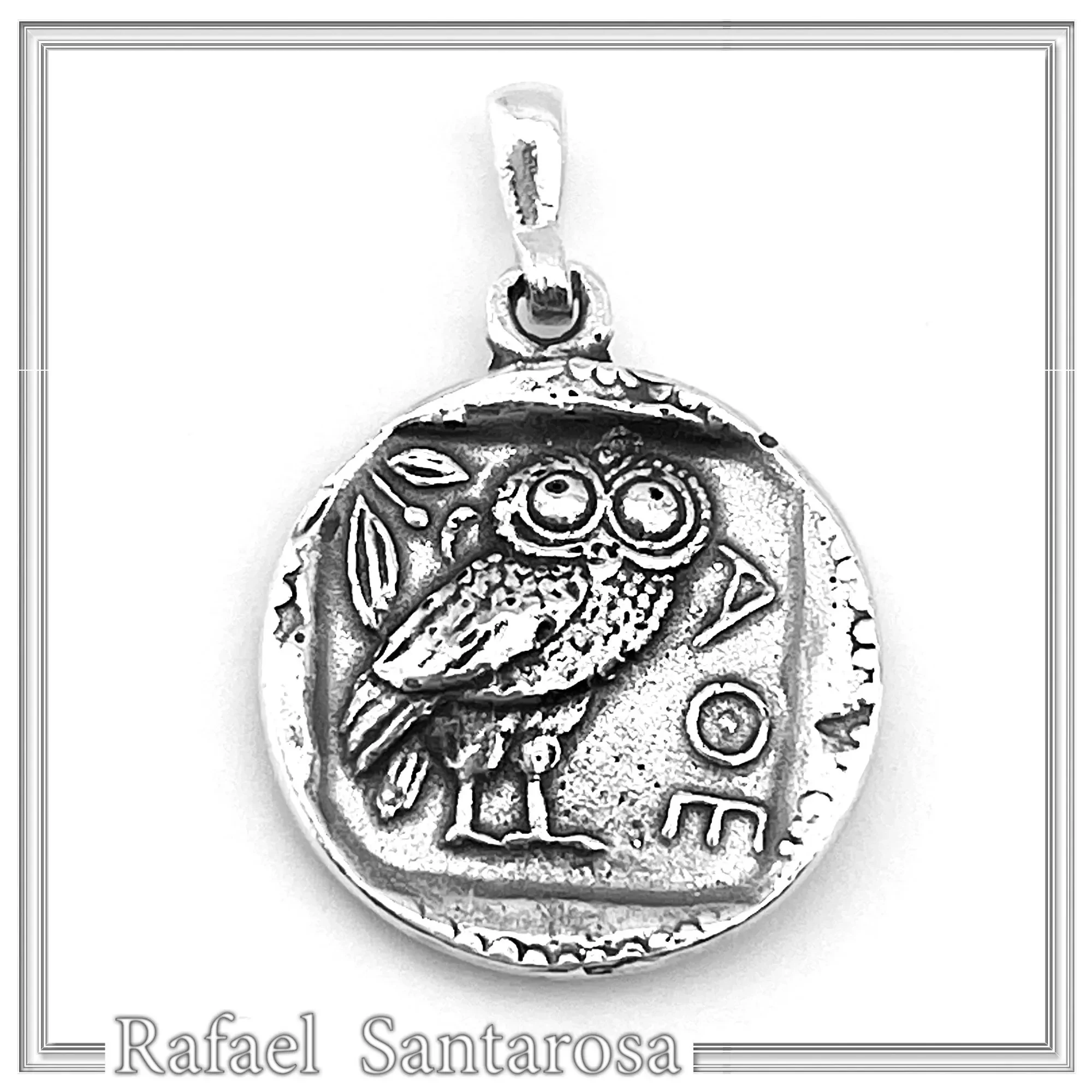 Ancient Greek Tetradrachm Owl Coin Pendant: Athena Wisdom Goddess Oxidized Sterling Silver Museum replica — additional product image 2 from Rafael Santarosa Fine Jewelry