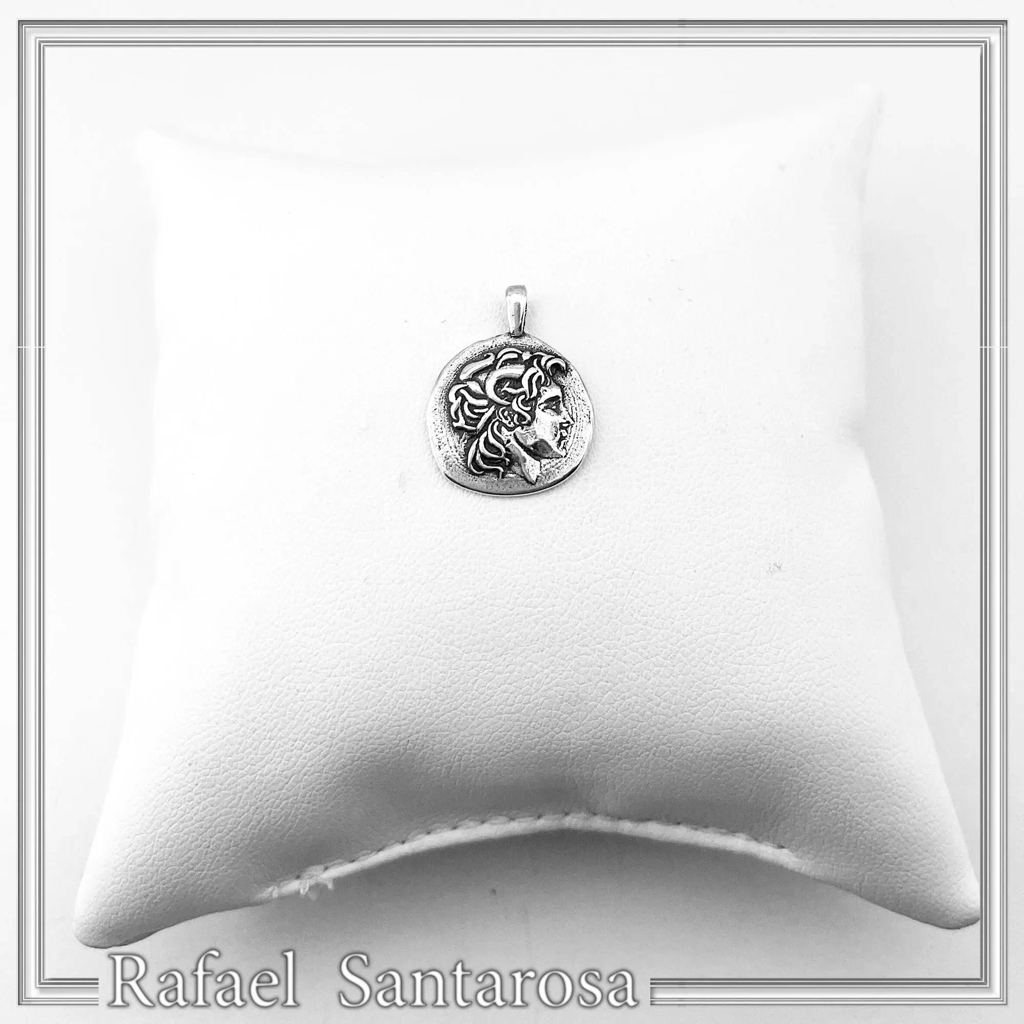 Alexander the Greek deified tetradrachm sterling silver pendant, Ancient Greek museum replica of Lysimachus coin — additional product image 7 from Rafael Santarosa Fine Jewelry