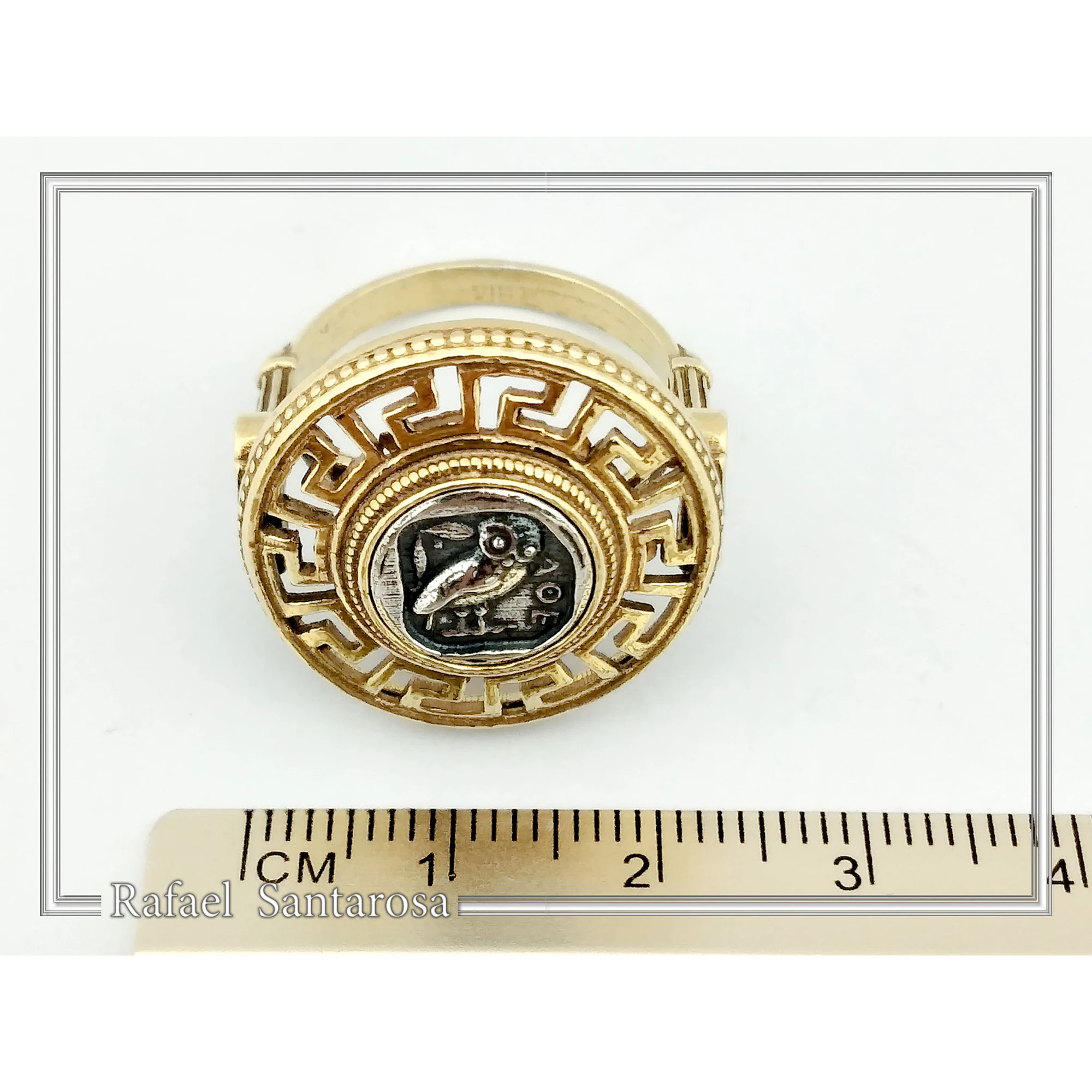 Athena Owl Coin Greek Key Ring with Greek Columns: Oxidized & Gold Filled Sterling Silver — additional product image 8 from Rafael Santarosa Fine Jewelry