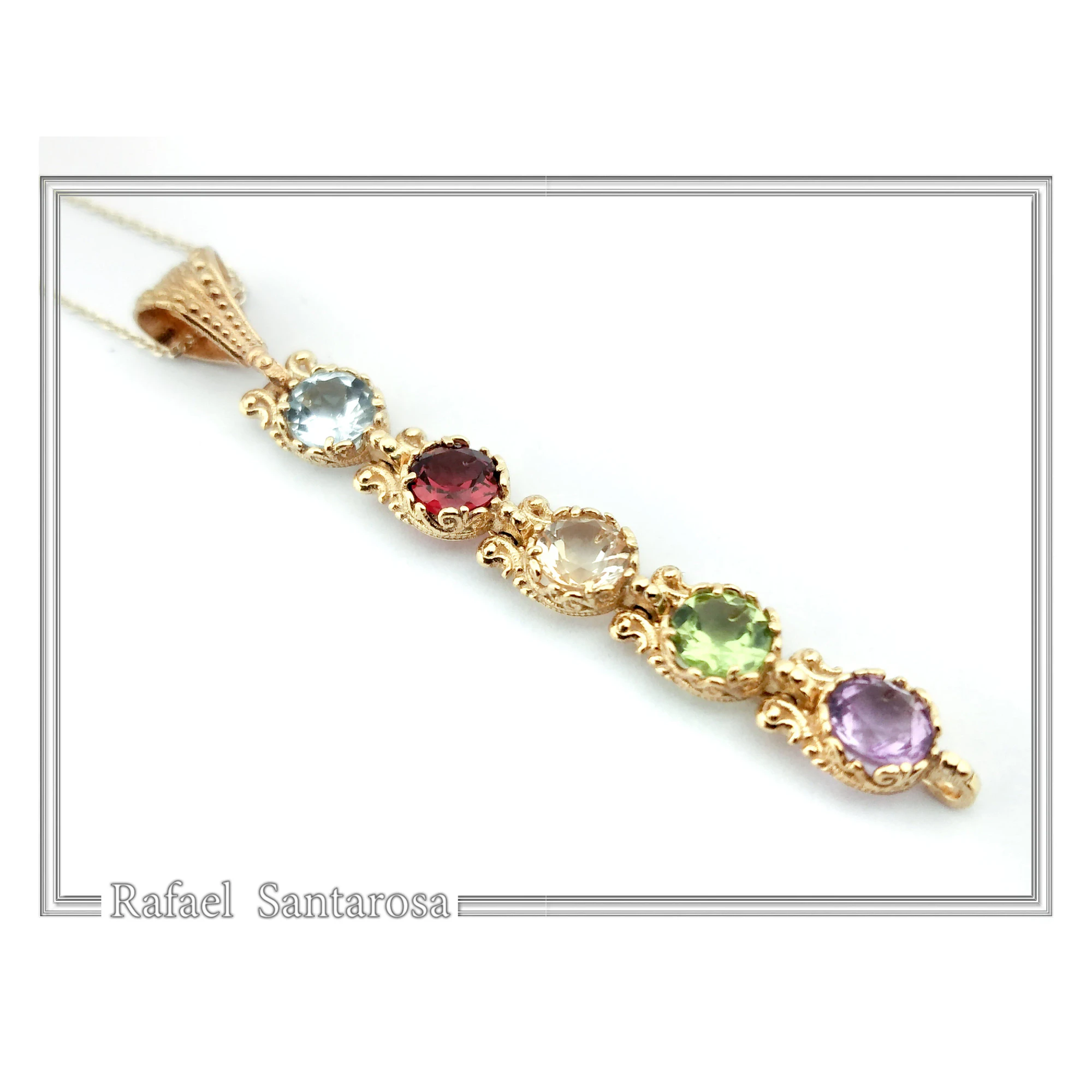 Filigree Natural Gemstones Pendant with Byzantine ornaments on bezel: 18K Gold-Filled Sterling Silver — additional product image 3 from Rafael Santarosa Fine Jewelry