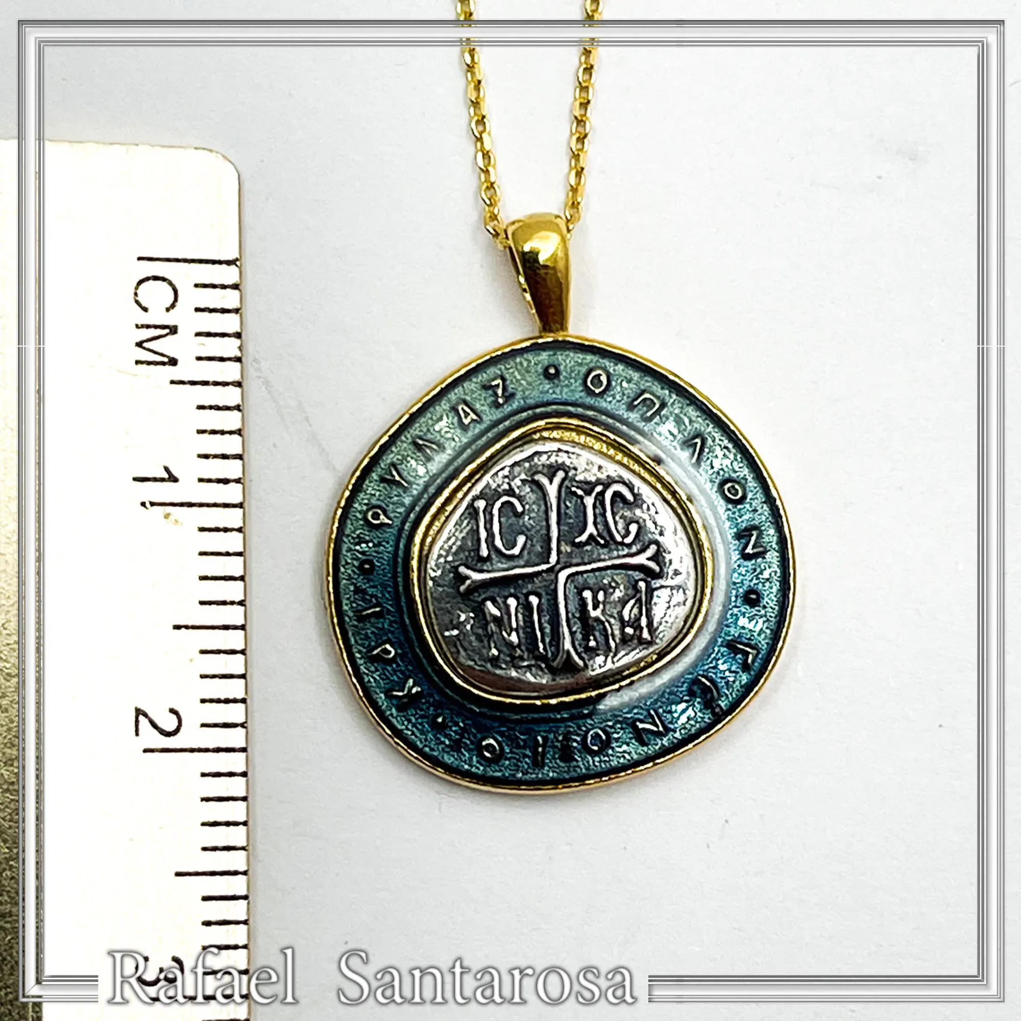 Byzantine Christian Prayer Talisman Necklace: Oxidized Sterling Silver, 18K Gold-Filled, Transparent Blue Enamel — additional product image 8 from Rafael Santarosa Fine Jewelry