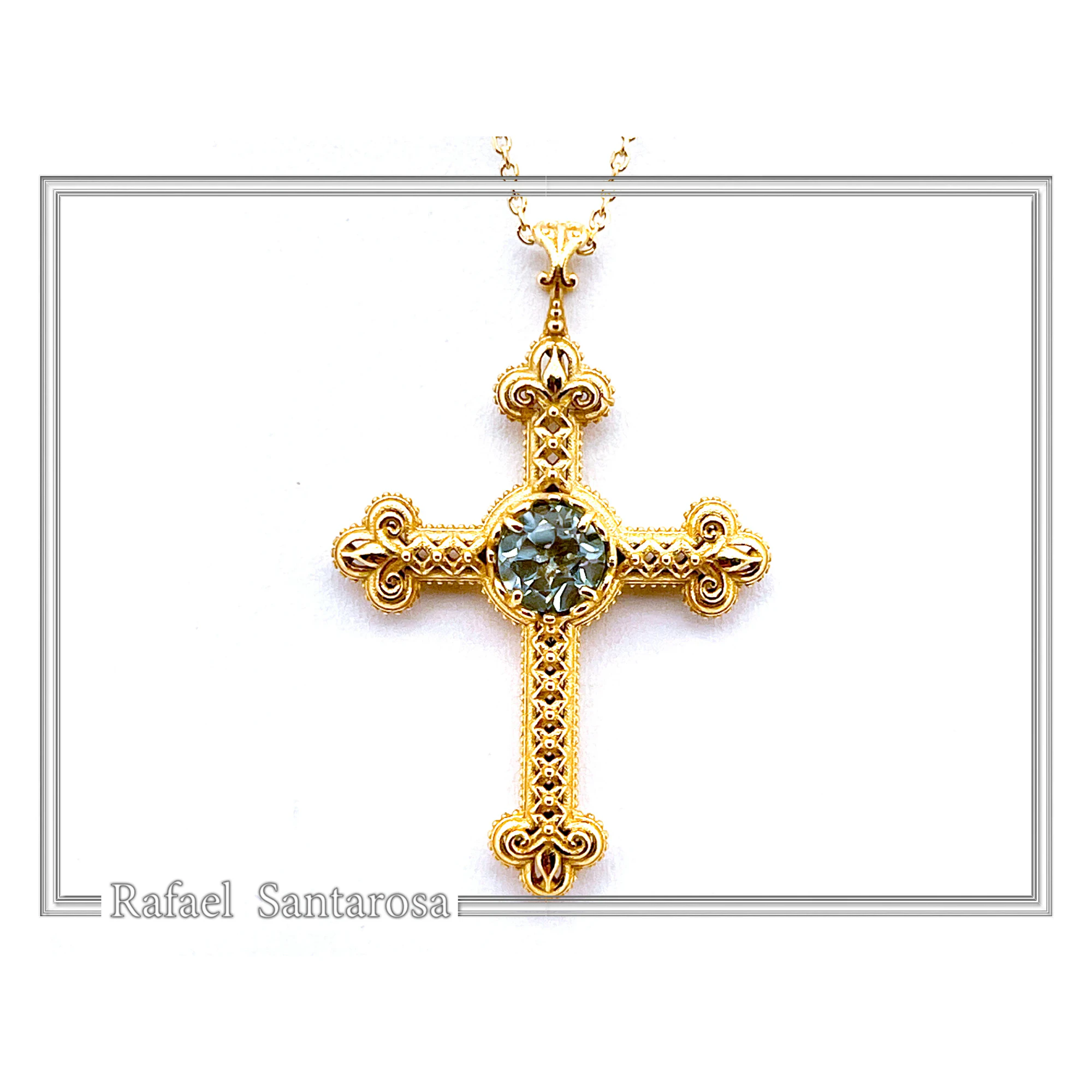 Natural Brilliant Cut Sky Blue Topaz Byzantine Filigree Cross Pendant 18K Gold Filled Silver — additional product image 4 from Rafael Santarosa Fine Jewelry