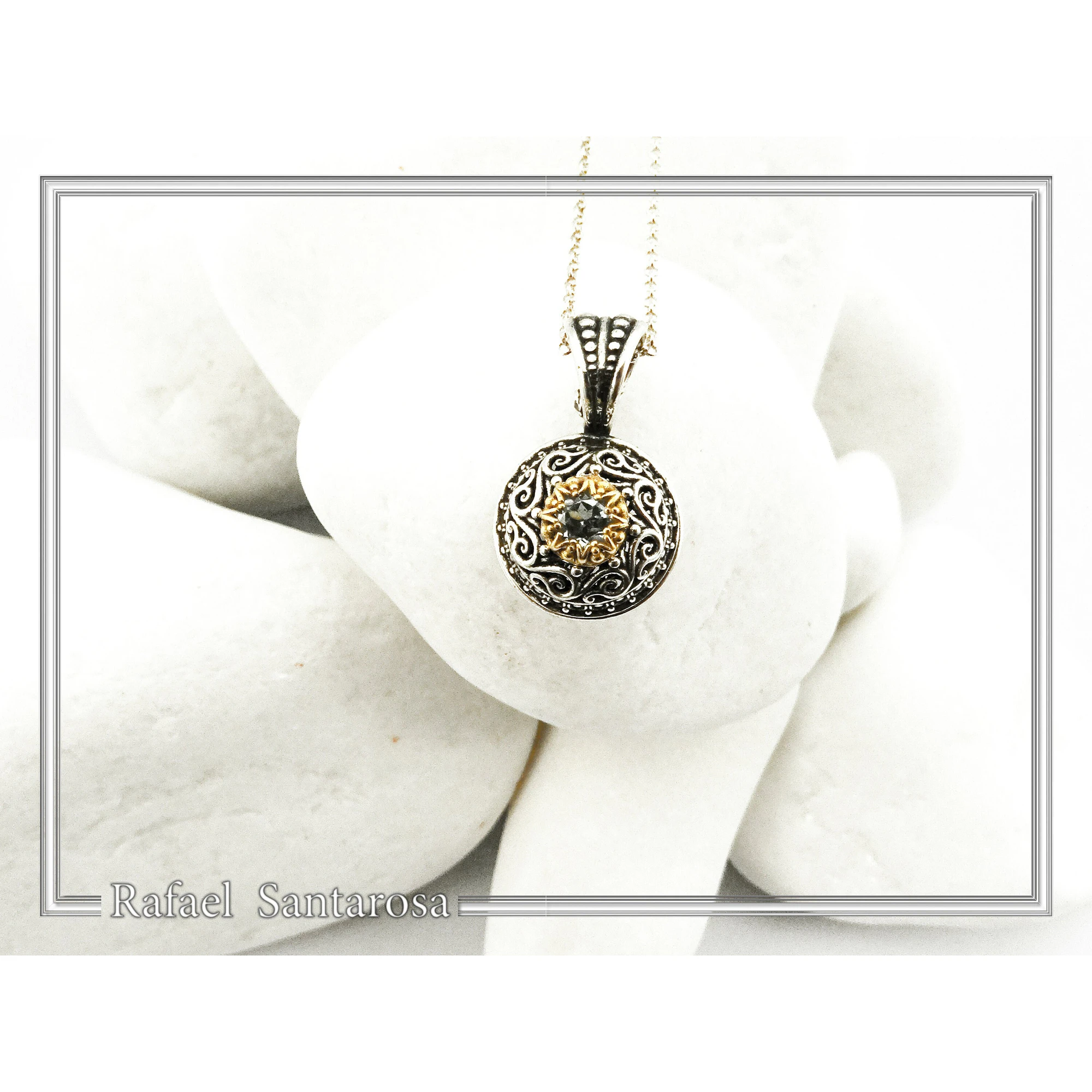 Genuine Sky-Blue Topaz Byzantine Filigree Necklace: Oxidized and 18K Gold Filled Sterling Silver — additional product image 6 from Rafael Santarosa Fine Jewelry
