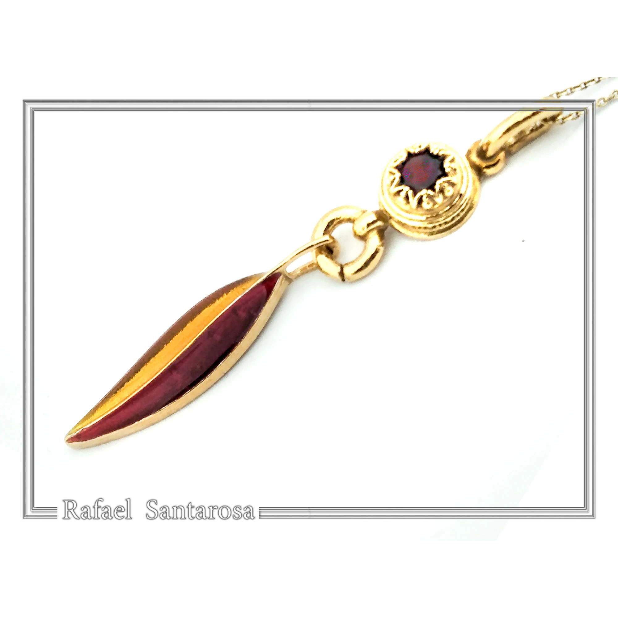 Olive Leaf Dangle Necklace: Natural Garnet and Enamel Floral Sterling Silver 18K Gold Filled — additional product image 5 from Rafael Santarosa Fine Jewelry
