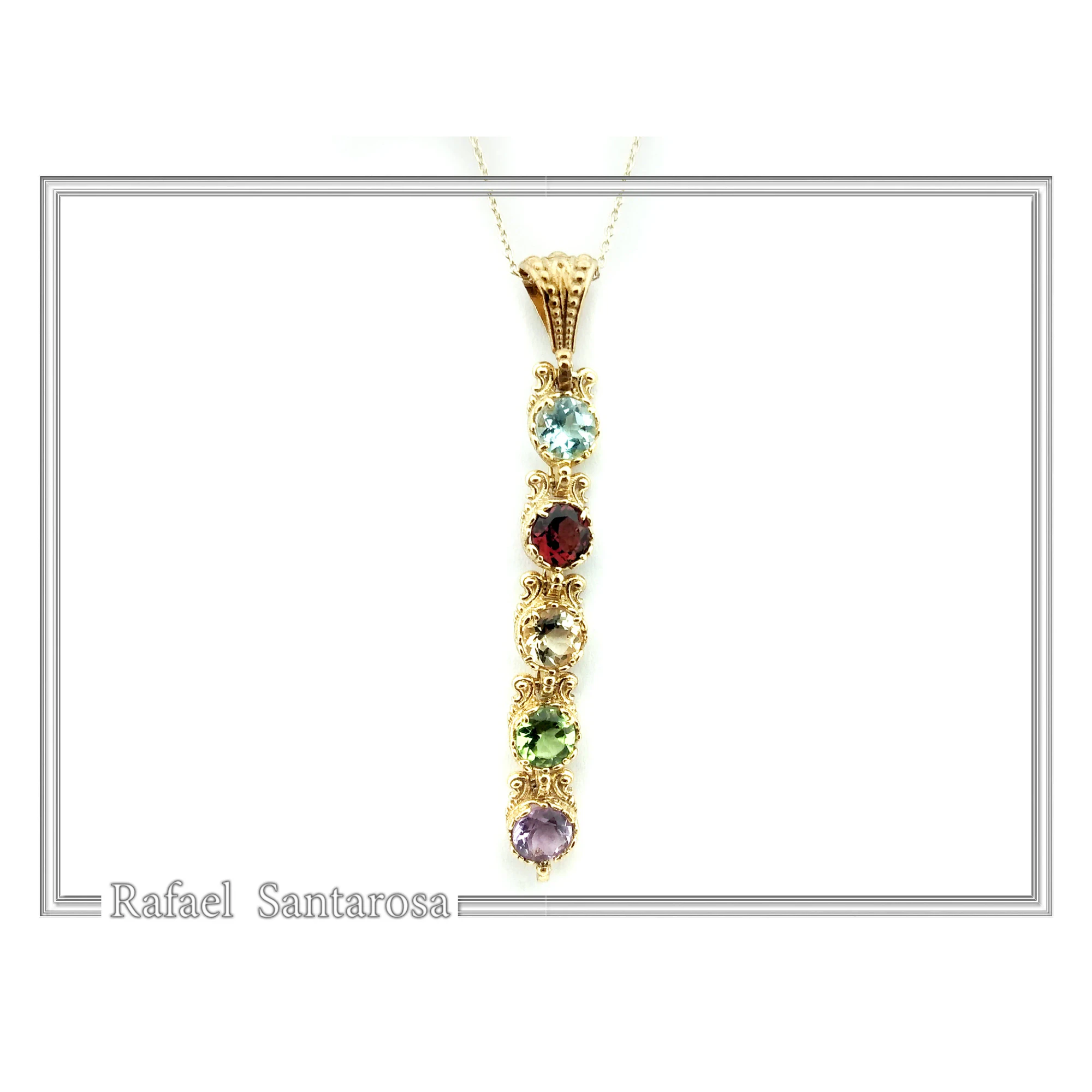 Filigree Natural Gemstones Pendant with Byzantine ornaments on bezel: 18K Gold-Filled Sterling Silver — additional product image 5 from Rafael Santarosa Fine Jewelry