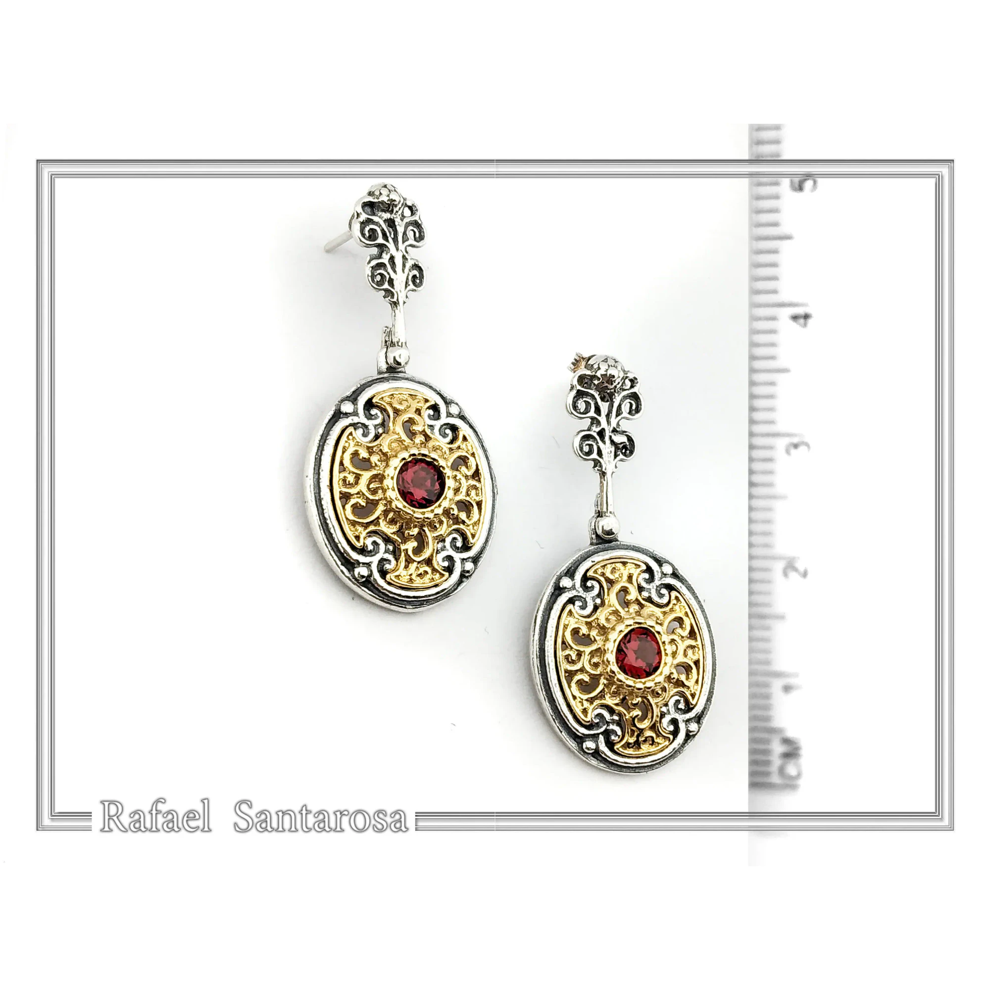 Natural Red Garnet Byzantine style Earrings: Oxidized & 18K Gold-Filled Sterling Silver, — additional product image 7 from Rafael Santarosa Fine Jewelry