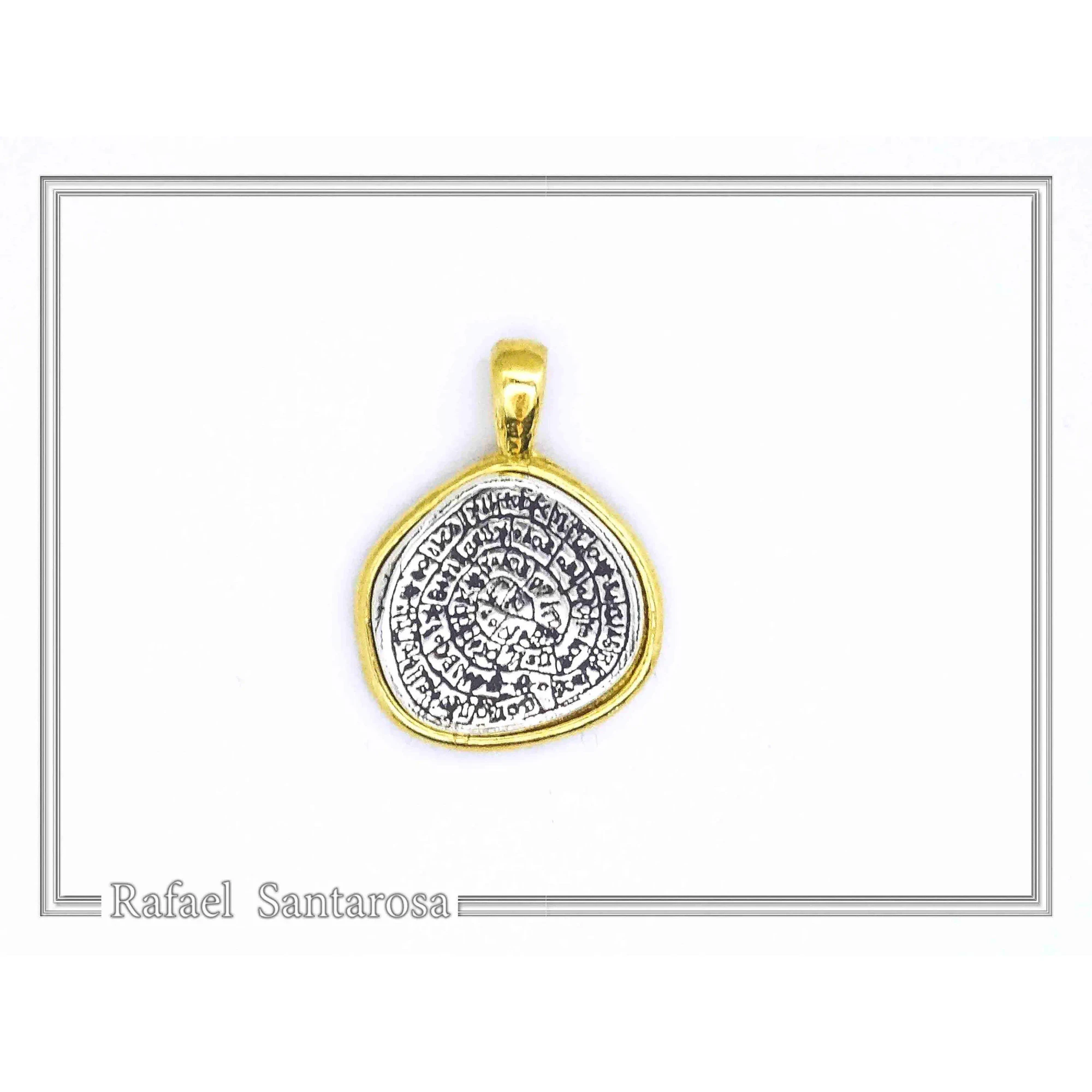 Ancient Greek Calendar Charm Phaistos Disc Pendant: Oxidized Sterling Silver, 18k Gold-Filled, — additional product image 2 from Rafael Santarosa Fine Jewelry