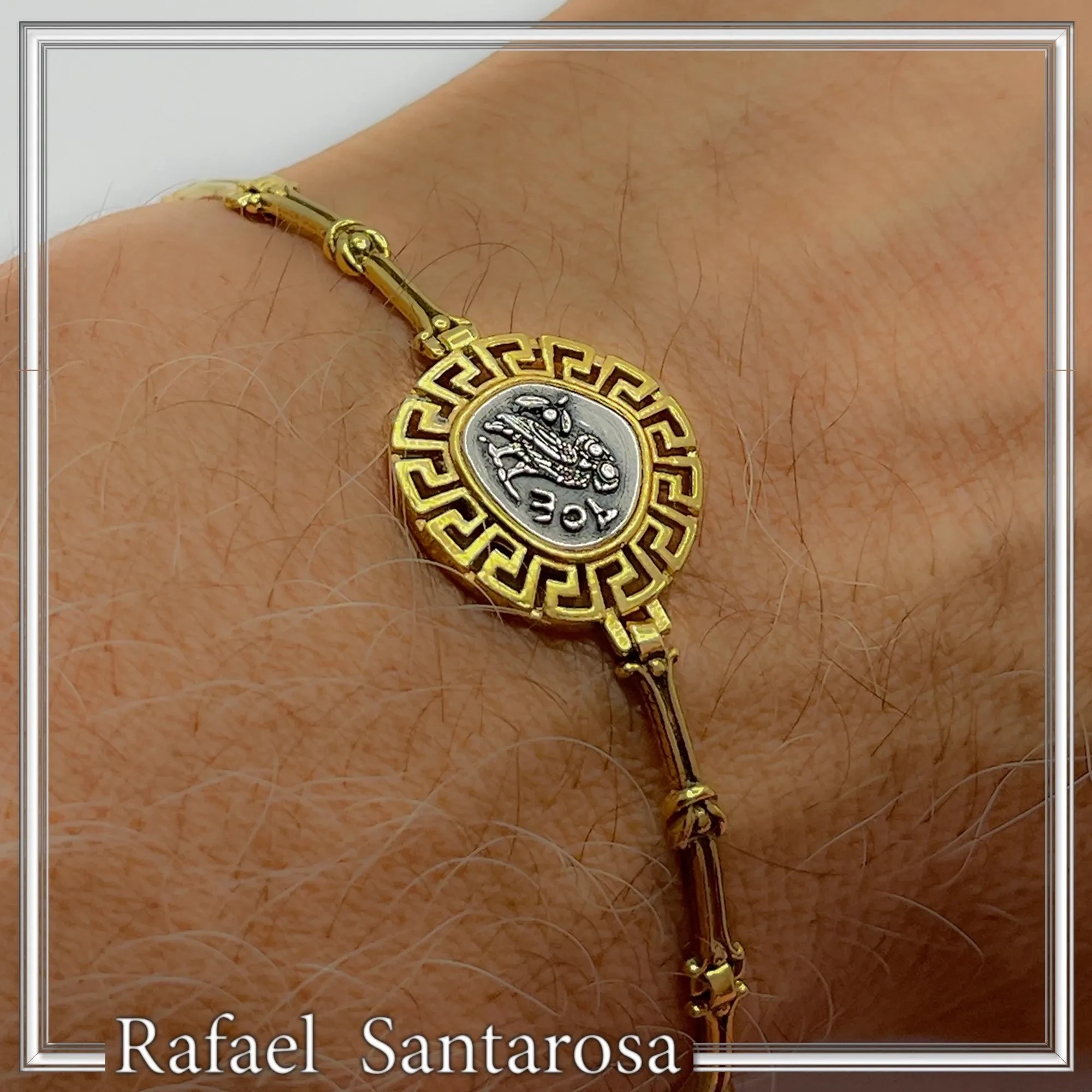 Athena Goddess Owl Tetradrachm Coin Greek Key Bracelet: Oxidized & 18k Gold Filled Sterling Silver — additional product image 7 from Rafael Santarosa Fine Jewelry