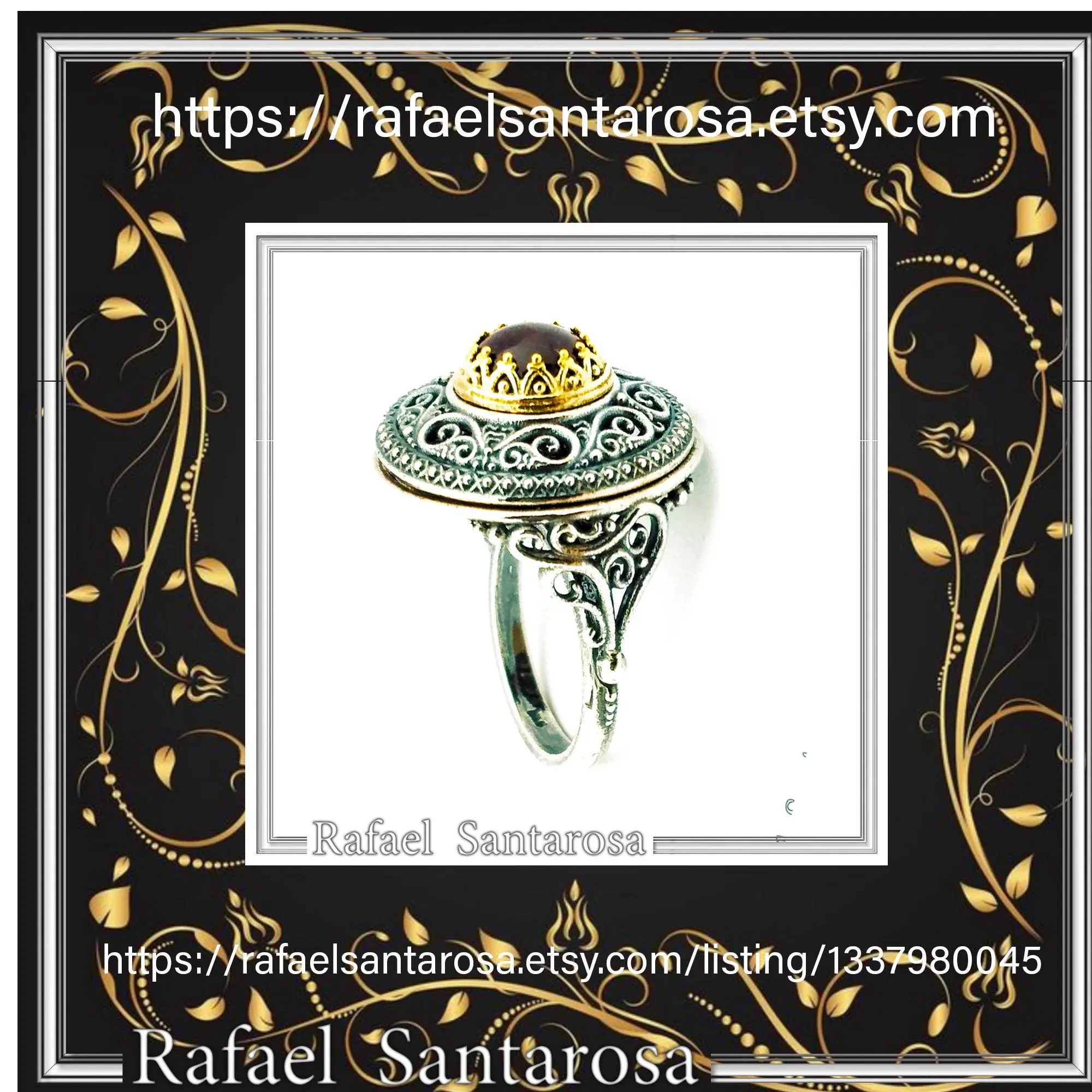Genuine Red Garnet Byzantine Hand Sculptured Ring: Sterling Silver Oxidized and 18K Gold Filled — additional product image 10 from Rafael Santarosa Fine Jewelry