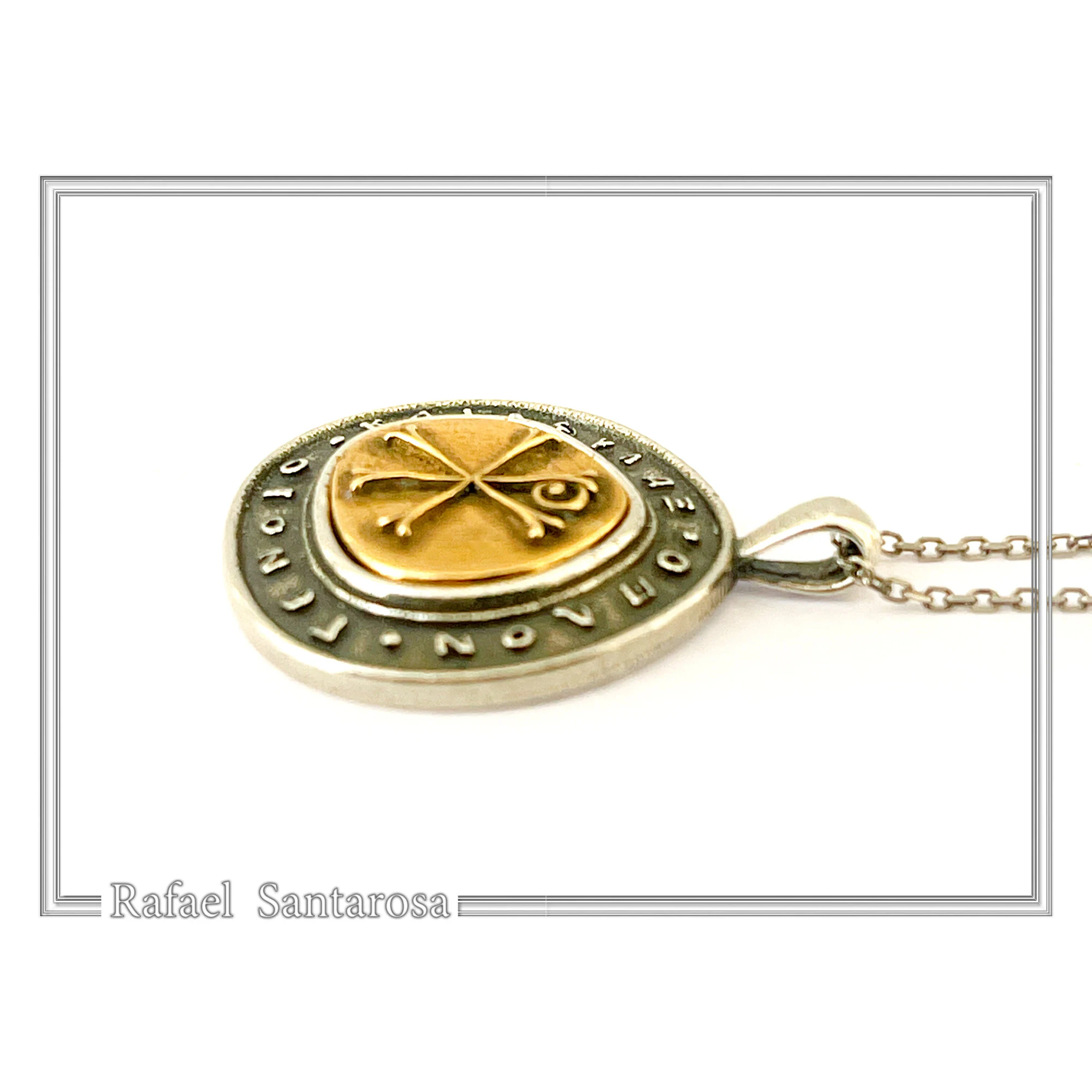 18k Gold Chi Ro Christogram on Oxidized Sterling Silver Pendant: Byzantine prayer inscription Talisman — additional product image 6 from Rafael Santarosa Fine Jewelry