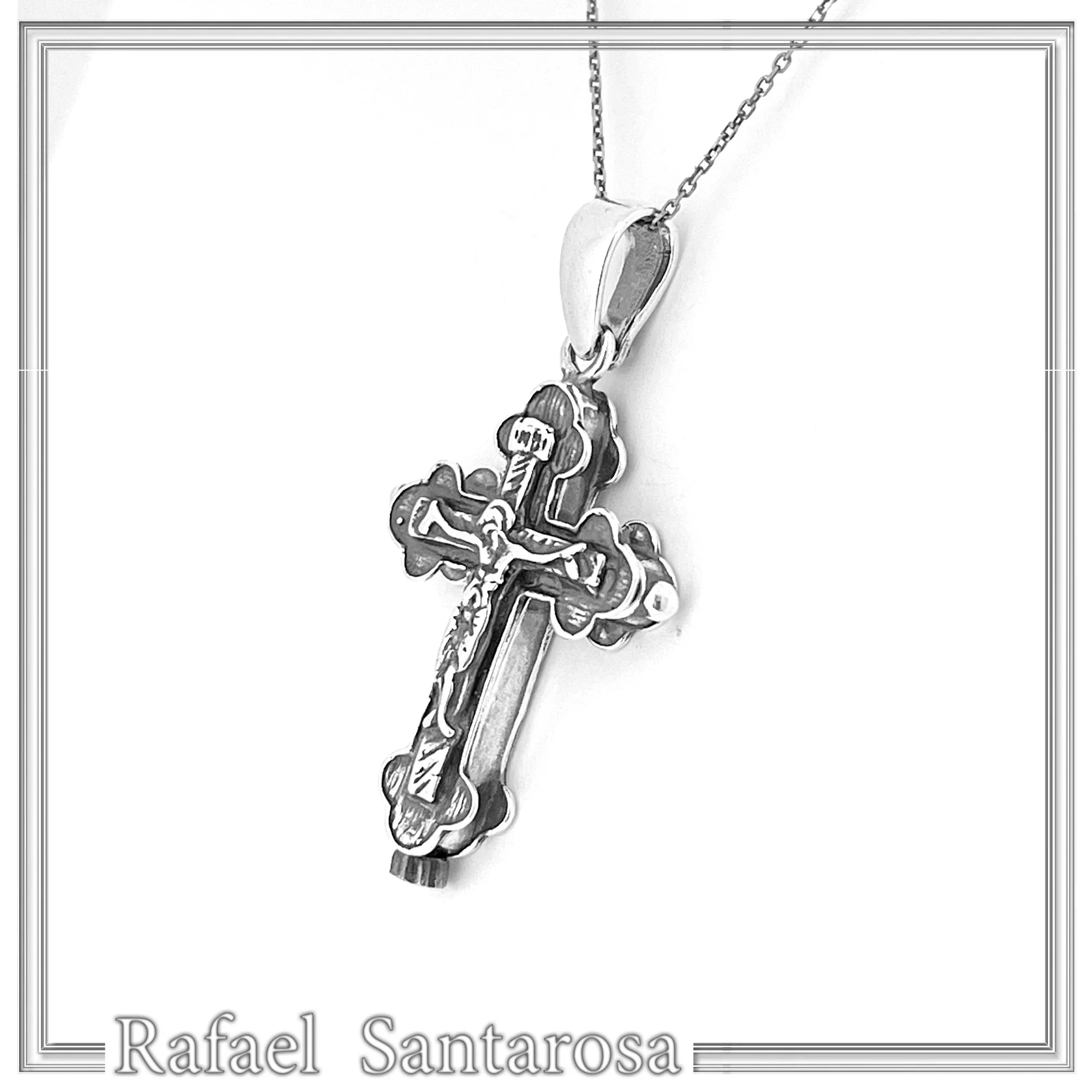 Cross of Jerusalem Reliquary with Jesus Crucifixion: Sterling Silver Byzantine Relic Holder Necklace — additional product image 6 from Rafael Santarosa Fine Jewelry