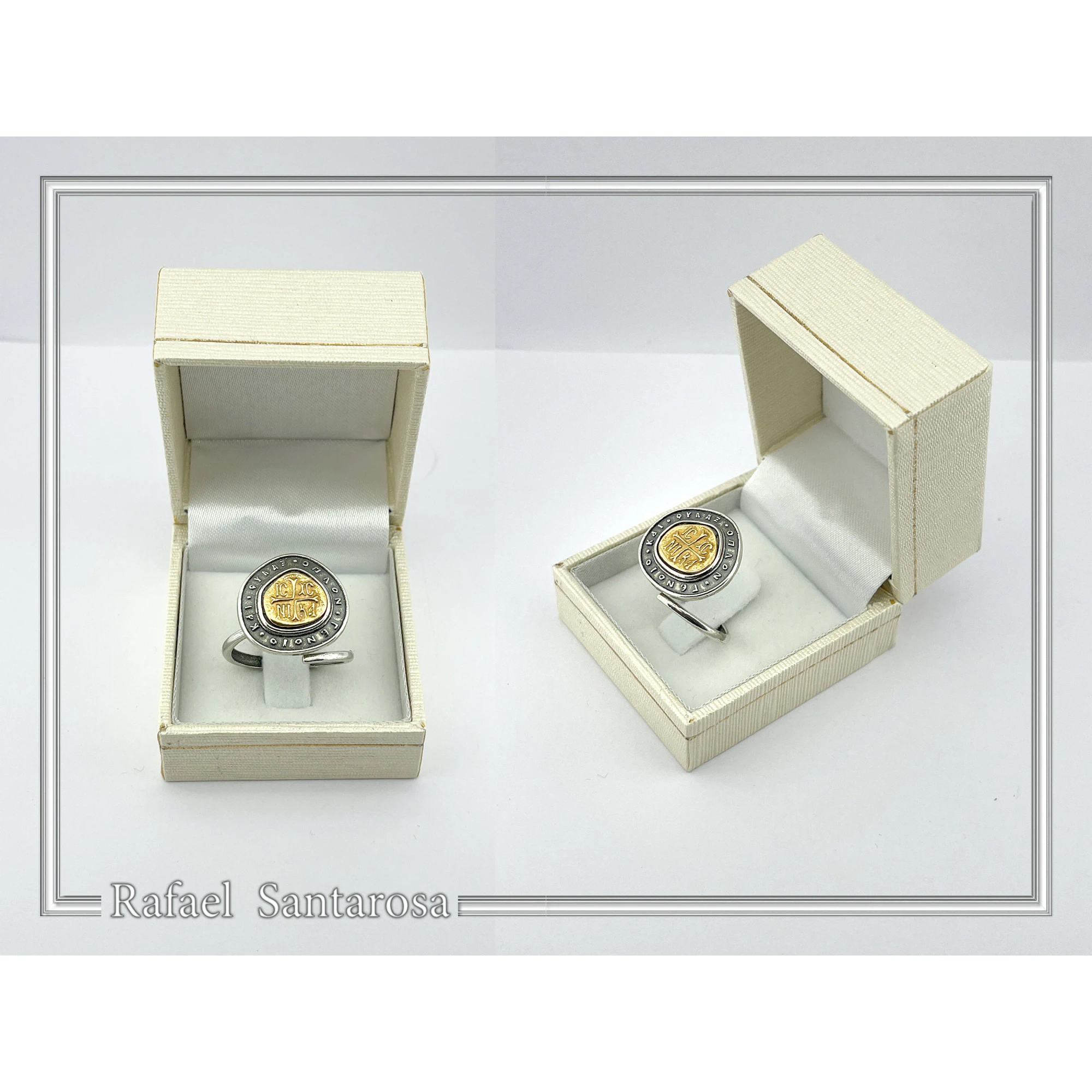 Jesus Christ Victorious ICXC NIKA Byzantine Talisman Adjustable Ring: 18K Gold & Oxidized Sterling Silver — additional product image 9 from Rafael Santarosa Fine Jewelry