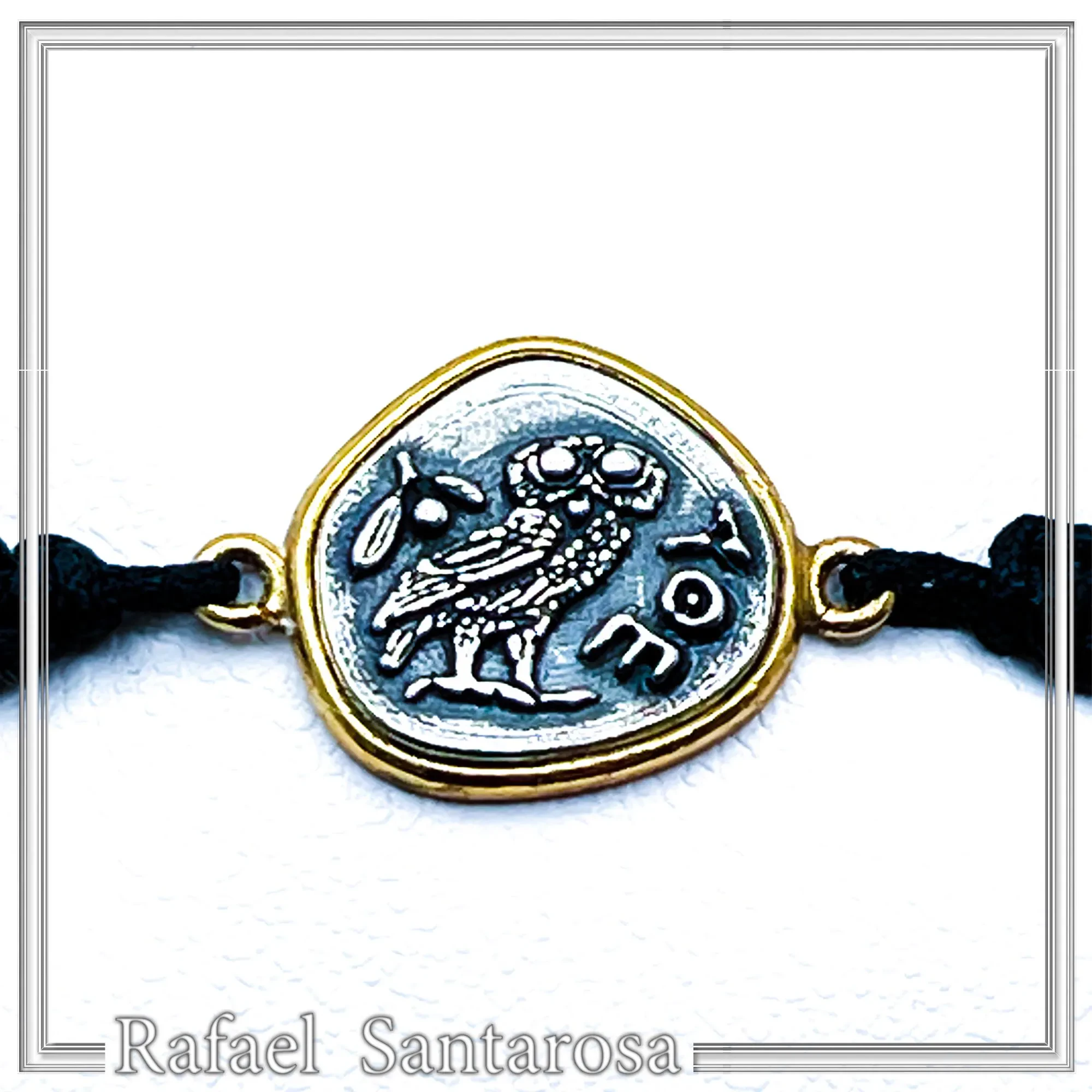 Athena Owl Ancient Greek Tetradrachm Coin Bracelet: Oxidized & Gold Filed Sterling Silver, Macramé Cord — additional product image 2 from Rafael Santarosa Fine Jewelry