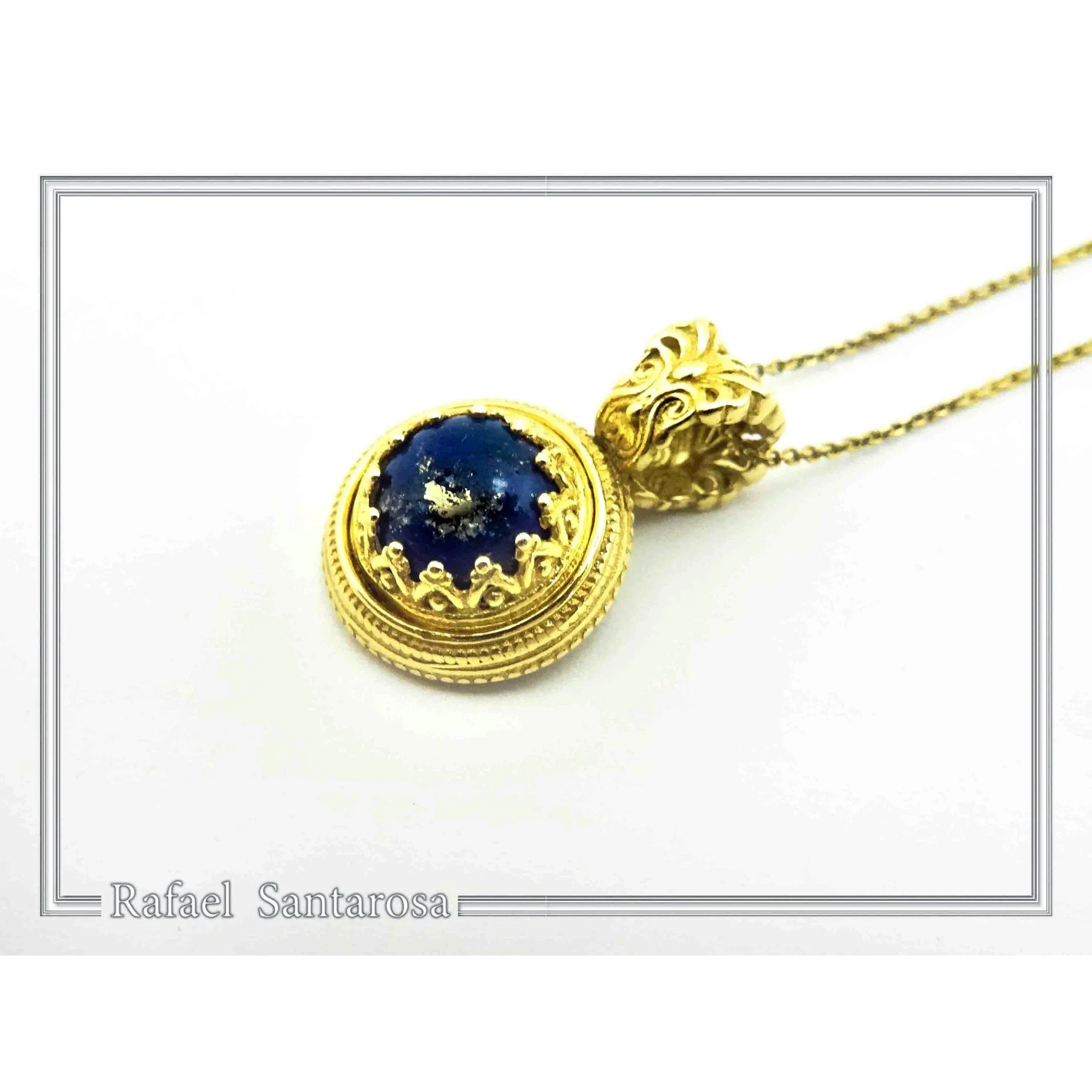 Lapis Lazuli Filigree Pendant: Ancient Greek Art genuine stone Sterling Silver K18 Gold-Filled, — additional product image 5 from Rafael Santarosa Fine Jewelry