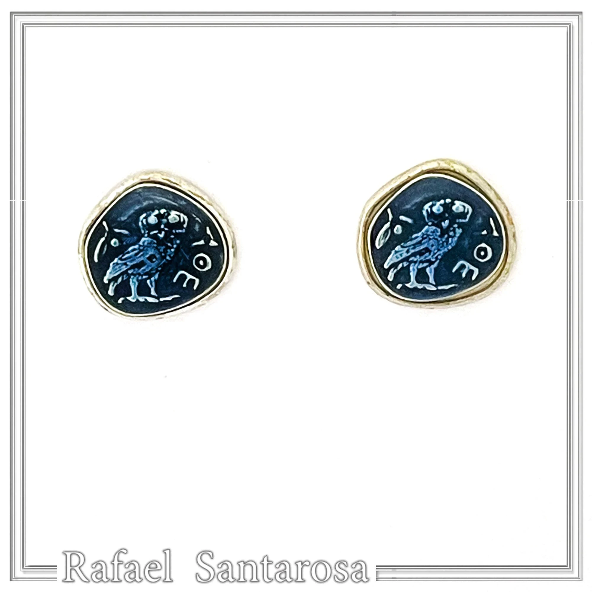 Oxidized Sterling Silver Athenian Tetradrachm Owl Earrings: Athena Coin Studs with Sky Blue Enamel — additional product image 3 from Rafael Santarosa Fine Jewelry