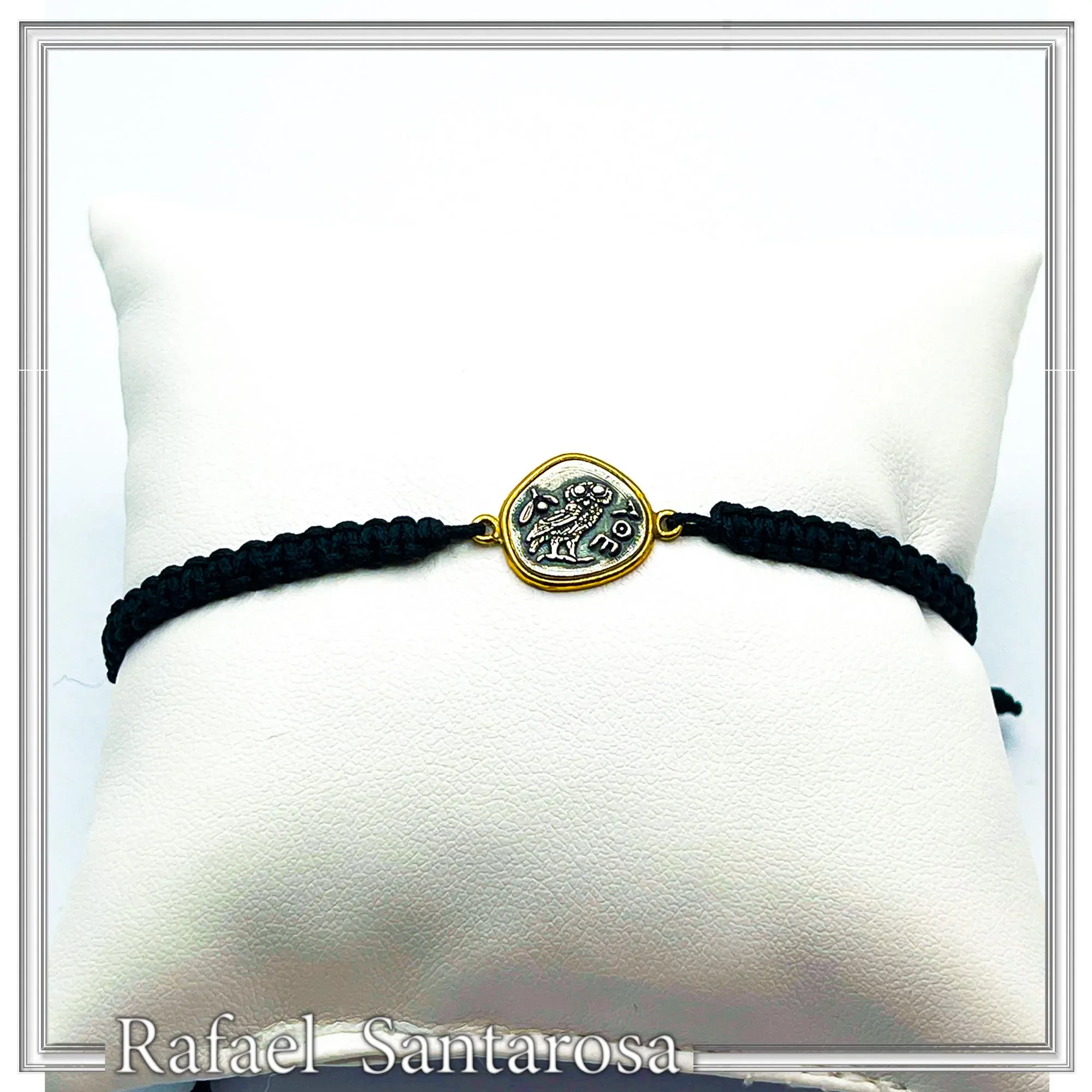 Athena Owl Ancient Greek Tetradrachm Coin Bracelet: Oxidized & Gold Filed Sterling Silver, Macramé Cord — additional product image 4 from Rafael Santarosa Fine Jewelry