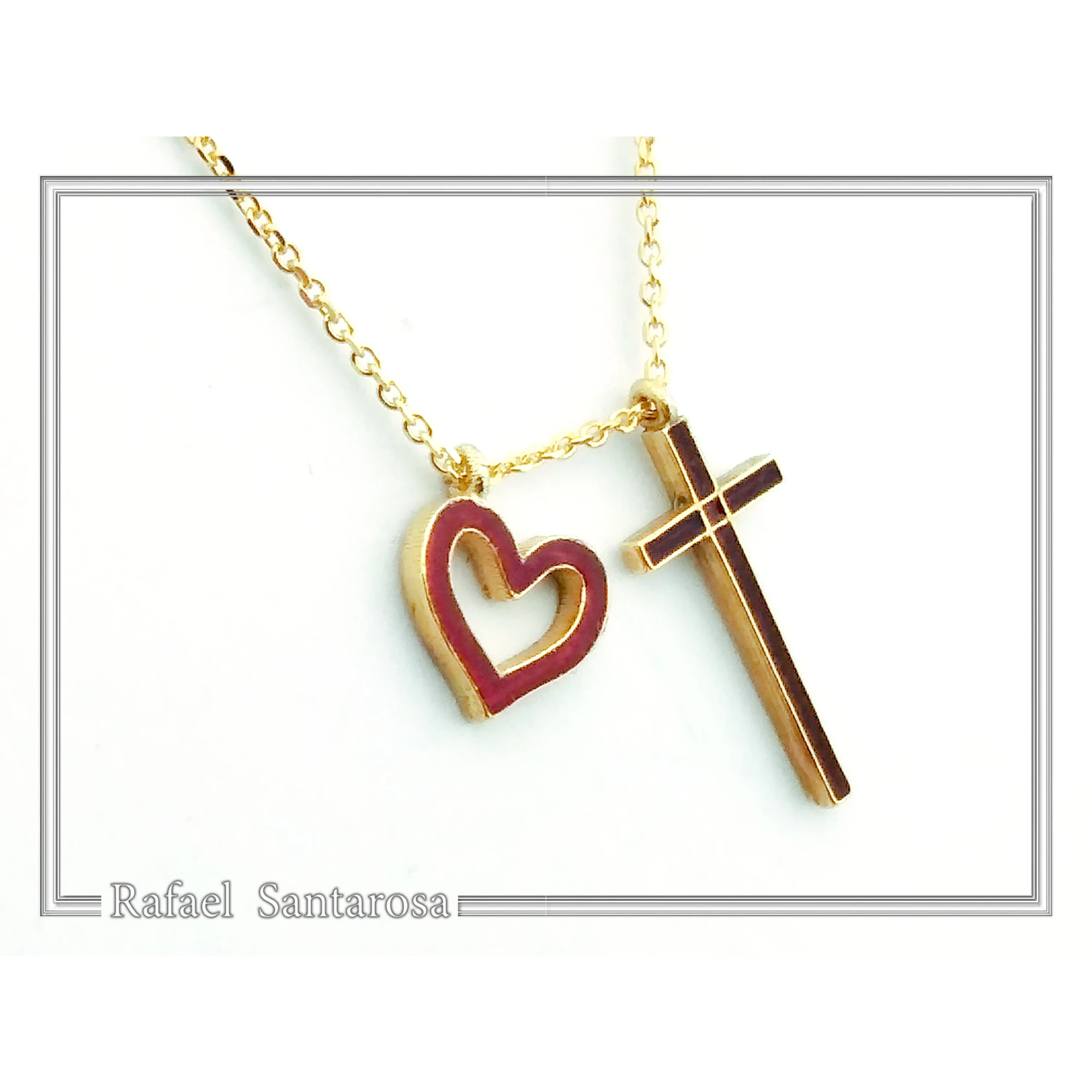 I Love Jesus Cross & Heart Minimalistic Necklace: Red Enamel, Sterling Silver 18K Gold Filled — additional product image 4 from Rafael Santarosa Fine Jewelry
