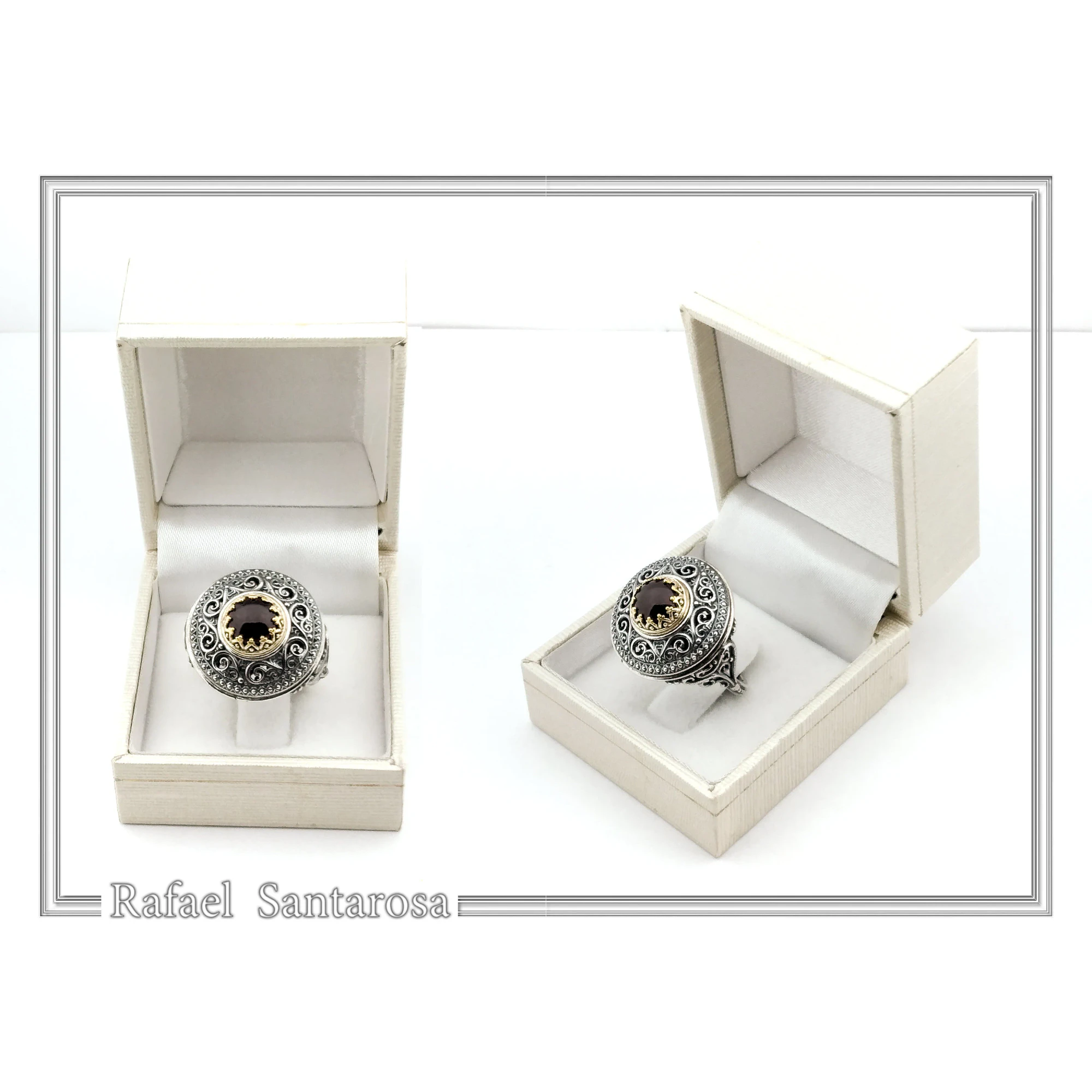 Genuine Red Garnet Byzantine Hand Sculptured Ring: Sterling Silver Oxidized and 18K Gold Filled — additional product image 9 from Rafael Santarosa Fine Jewelry
