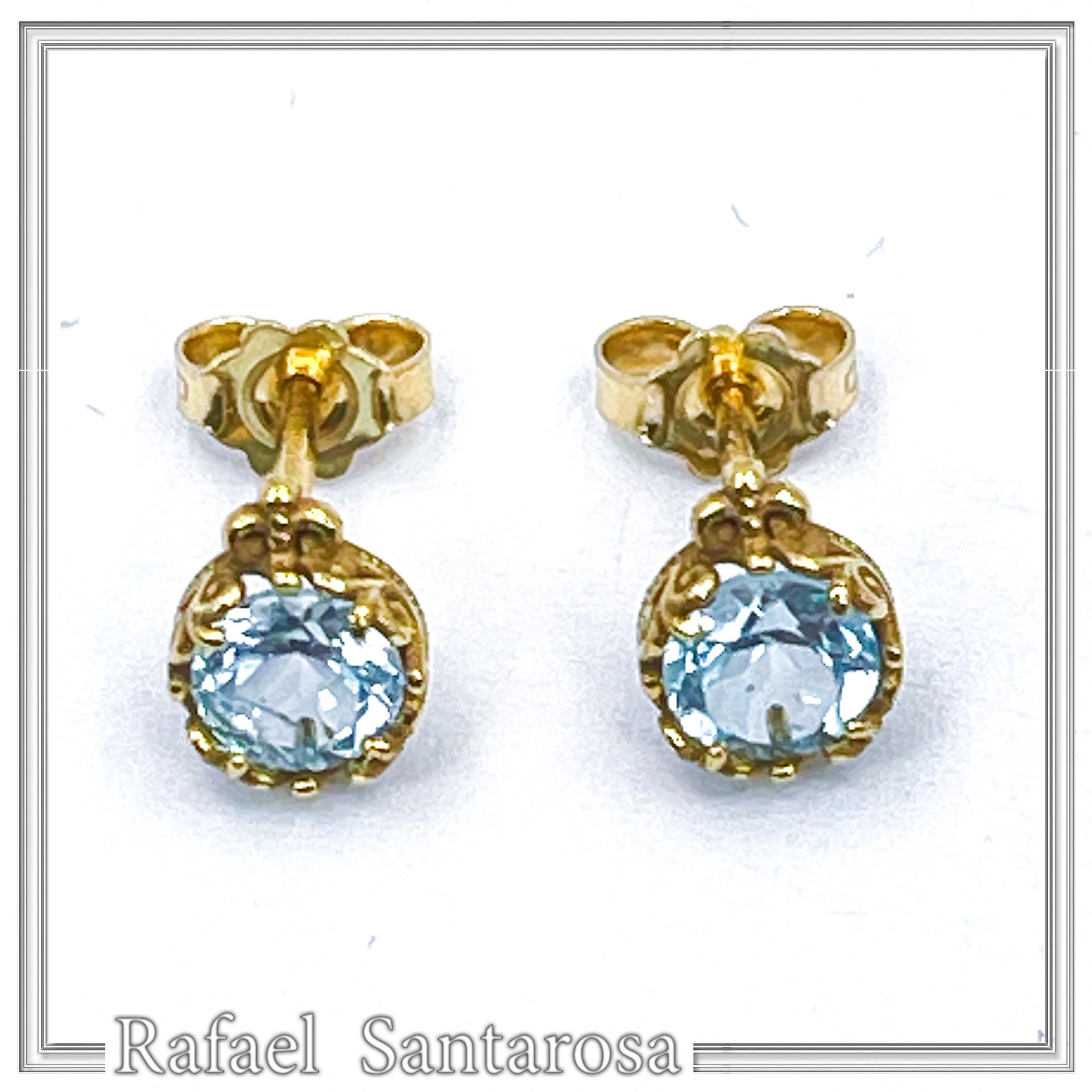 18K Solid Gold Filigree Earrings with Natural Sky-Blue Topaz Brilliant Cut and Byzantine Decoration — additional product image 2 from Rafael Santarosa Fine Jewelry