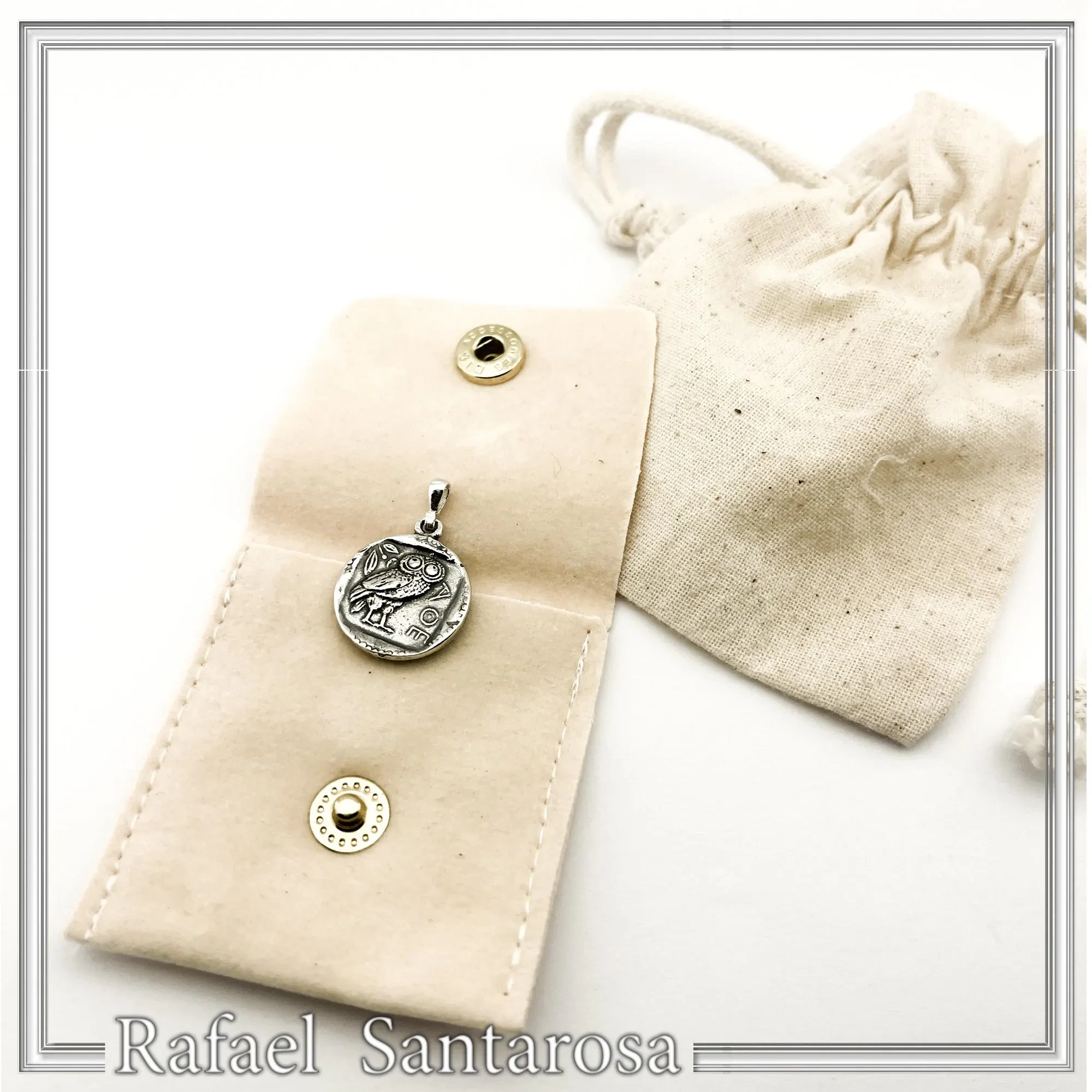 Ancient Greek Tetradrachm Owl Coin Pendant: Athena Wisdom Goddess Oxidized Sterling Silver Museum replica — additional product image 10 from Rafael Santarosa Fine Jewelry