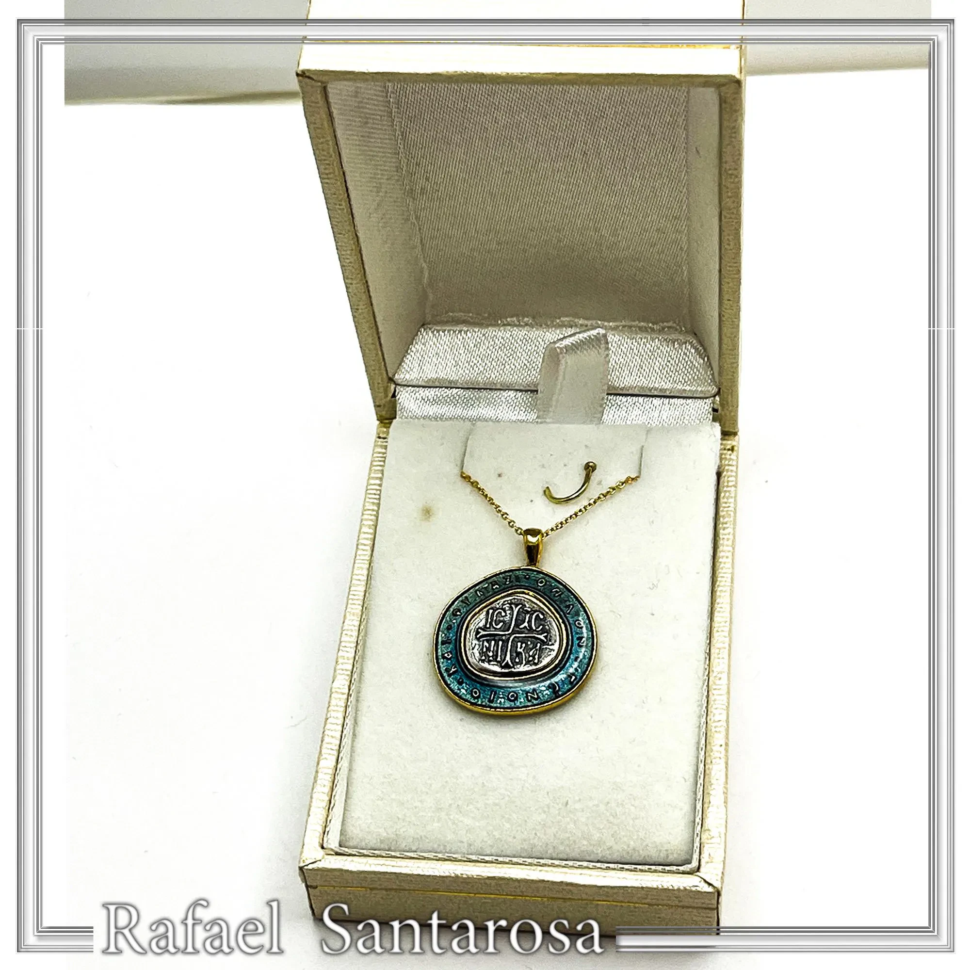 Byzantine Christian Prayer Talisman Necklace: Oxidized Sterling Silver, 18K Gold-Filled, Transparent Blue Enamel — additional product image 10 from Rafael Santarosa Fine Jewelry