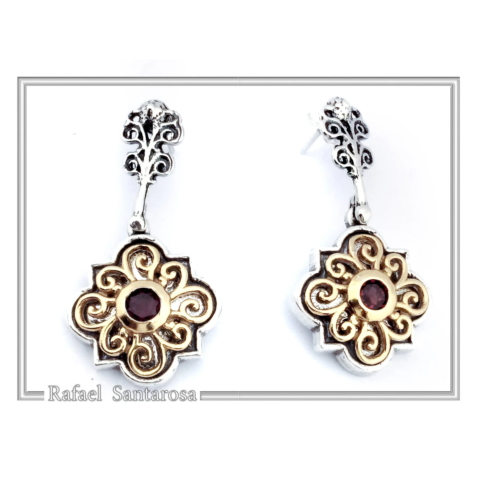 Byzantine Genuine Gemstones Silver Earrings: 18K Gold Filled Filigree on oxidised silver base — additional product image 6 from Rafael Santarosa Fine Jewelry