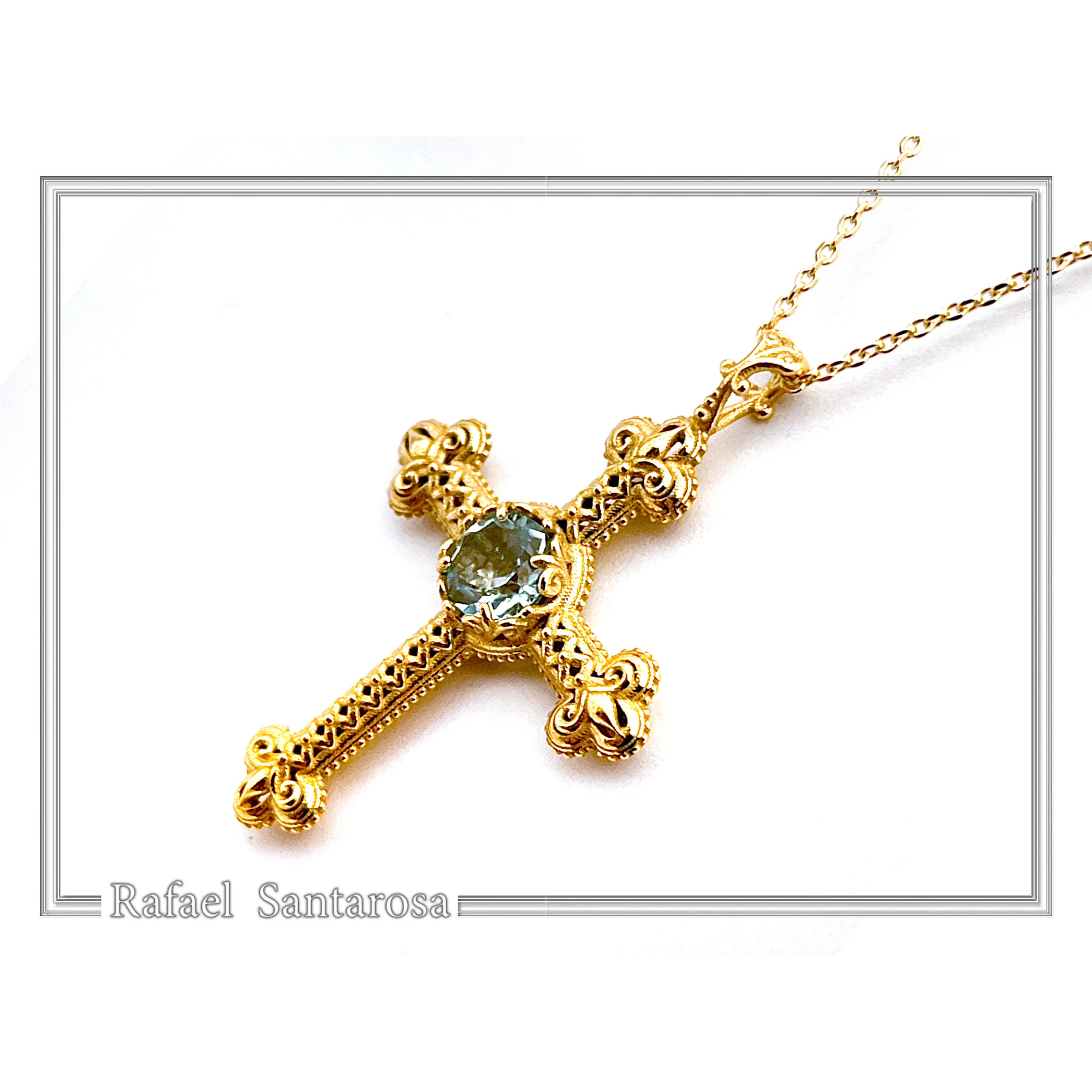 Natural Brilliant Cut Sky Blue Topaz Byzantine Filigree Cross Pendant 18K Gold Filled Silver — additional product image 5 from Rafael Santarosa Fine Jewelry