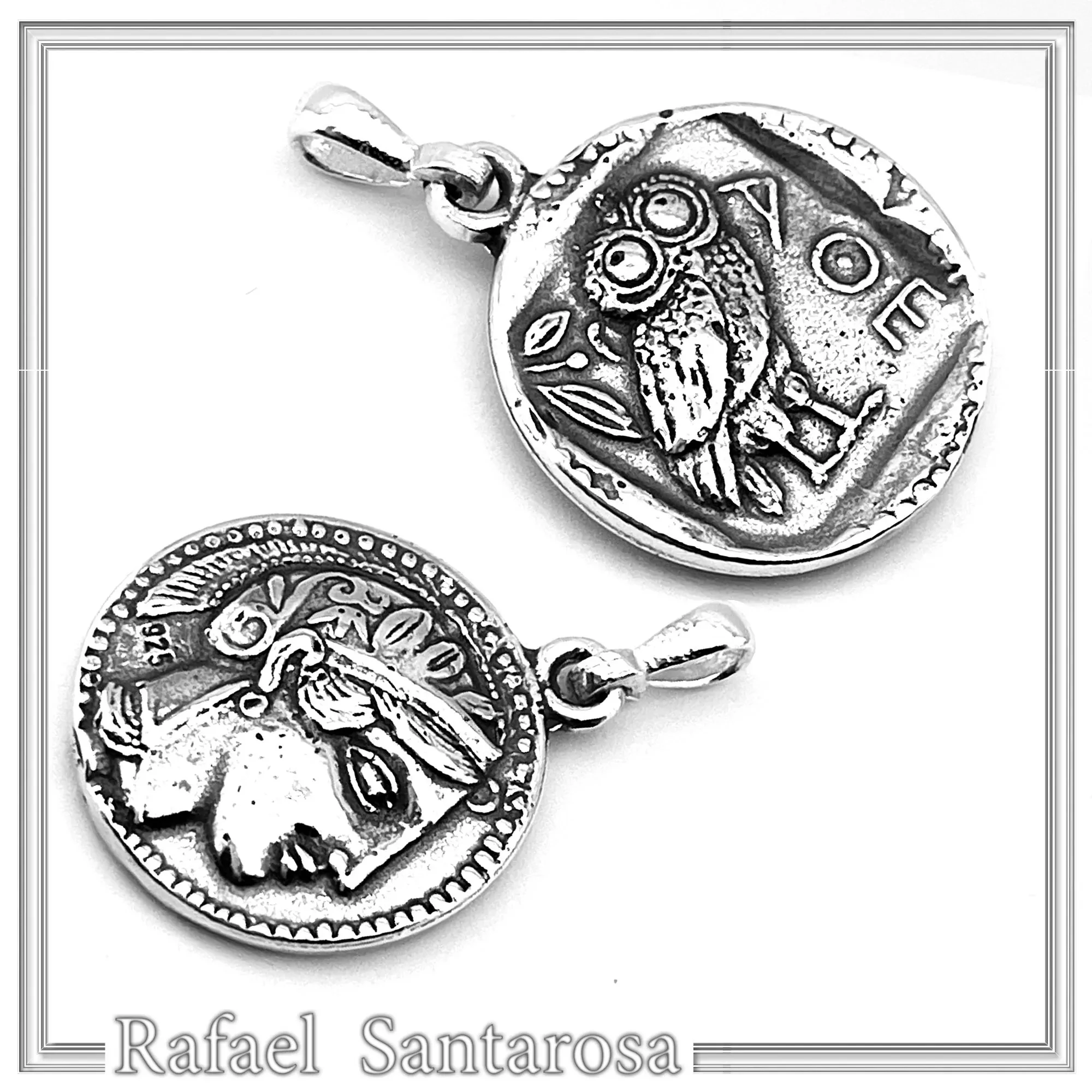 Ancient Greek Tetradrachm Owl Coin Pendant: Athena Wisdom Goddess Oxidized Sterling Silver Museum replica — additional product image 7 from Rafael Santarosa Fine Jewelry