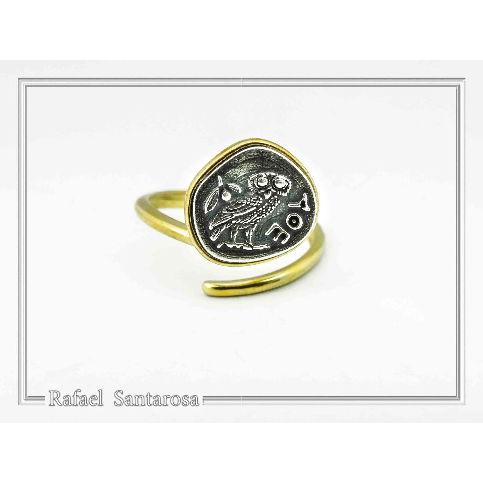 Goddess Athena Owl Wisdom symbol Greek Coin Ring: Oxidized Sterling Silver, 18k Gold-Filled — additional product image 3 from Rafael Santarosa Fine Jewelry